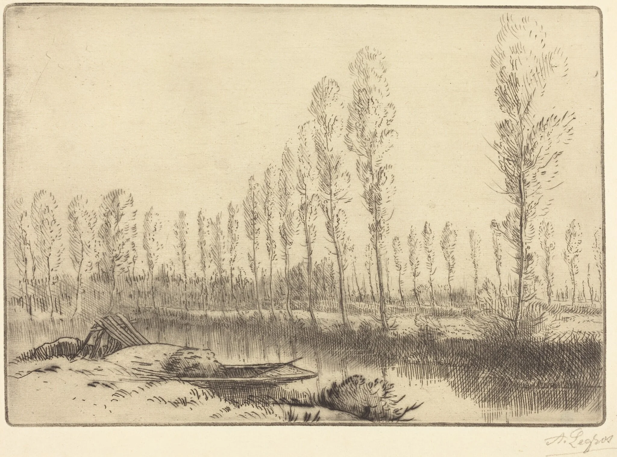Poplars near Amiens (Pres d'Amiens, les tourbieres), by Alphonse Legros, ink, 1874