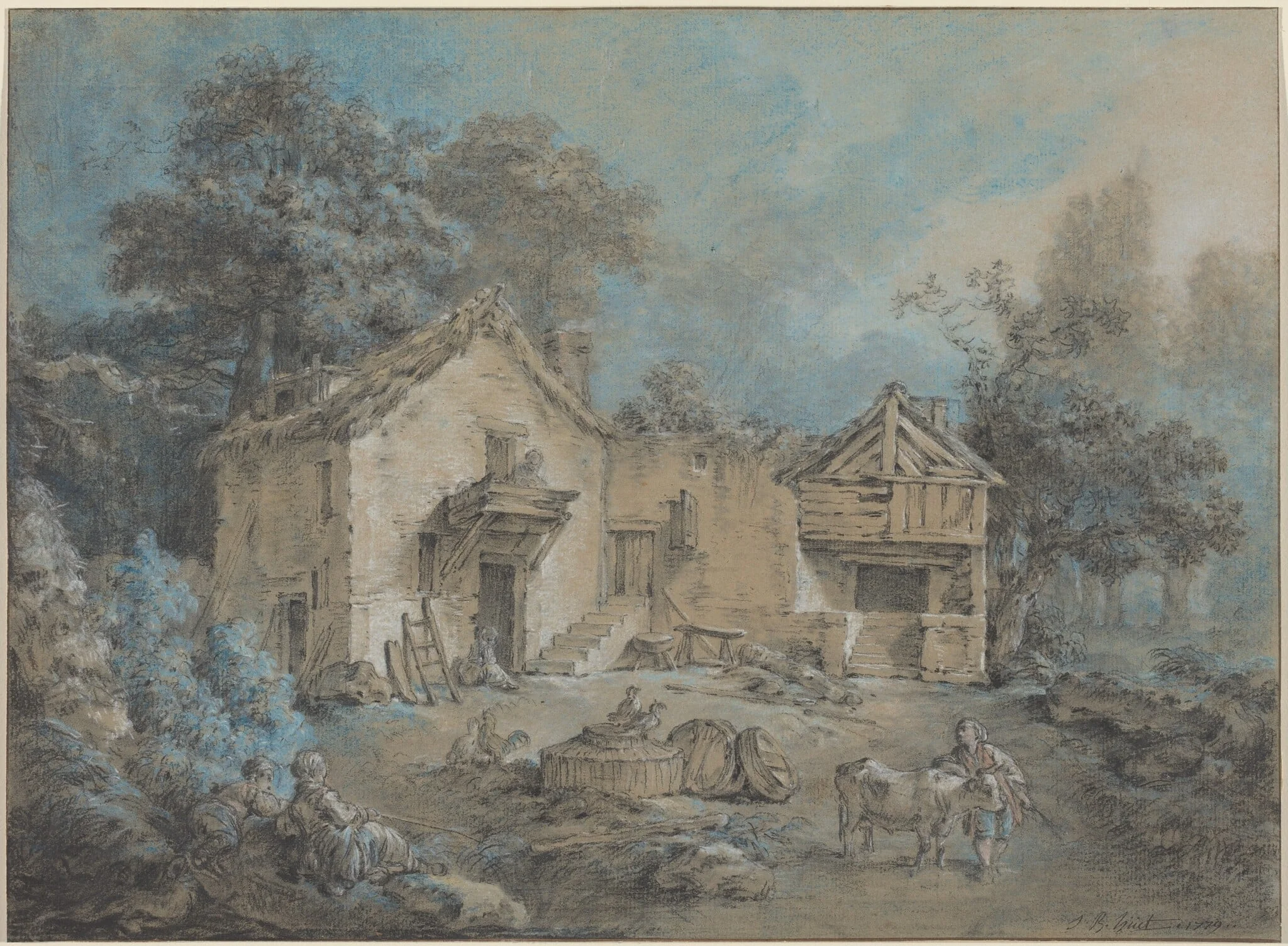Farm Scene, by Jean-Baptiste Hüet, chalk, 1779