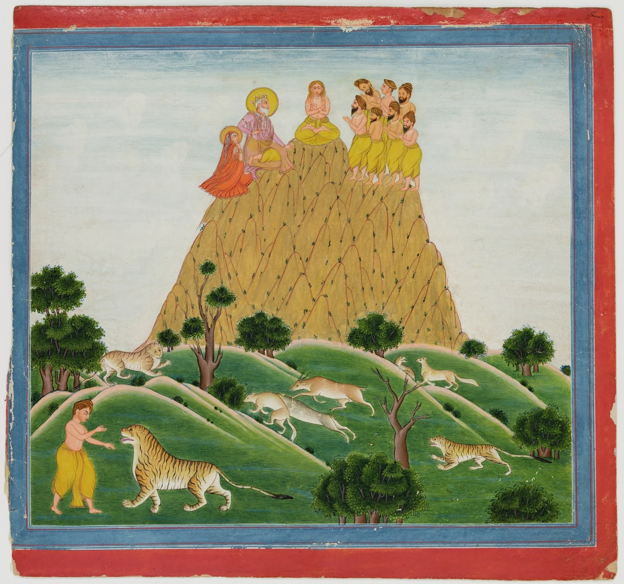 Illustrations to Life of Dhurva Maharaj: #23 Dhurva sits on the golden mountain in concentration and meets his parents and the 7 Rishis, by Unknown, unspecified, 1800