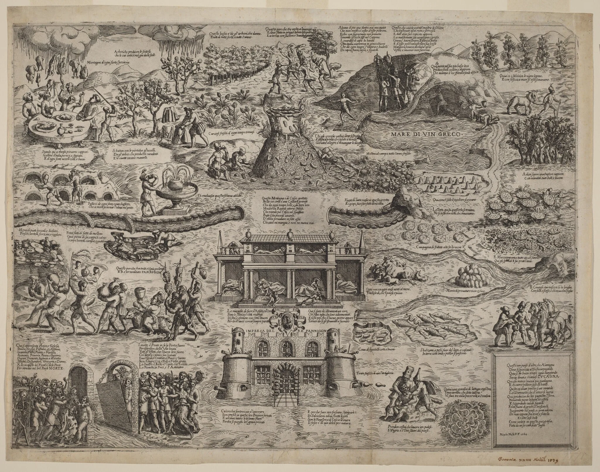The Land of Cockaigne, by Niccolò Nelli, ink, 1564