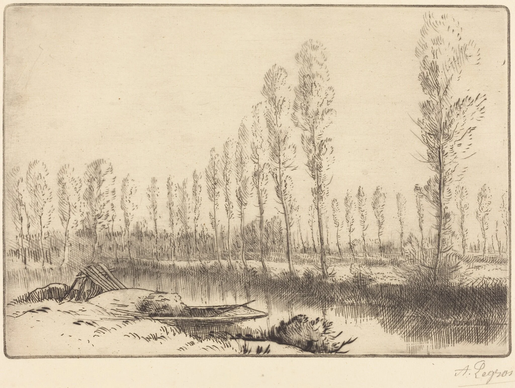 Poplars near Amiens (Pres d'Amiens, les tourbieres), by Alphonse Legros, ink, 1874