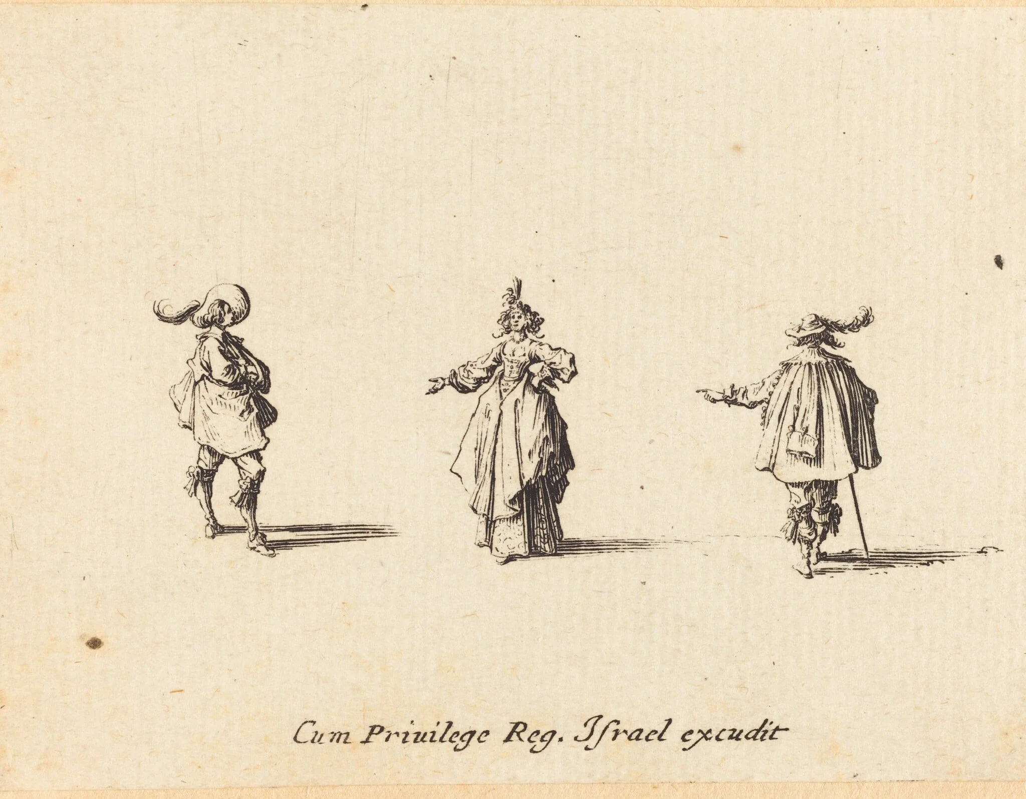 Lady with Outstretched Arm, and Two Gentlemen, by Jacques Callot, ink, 1634