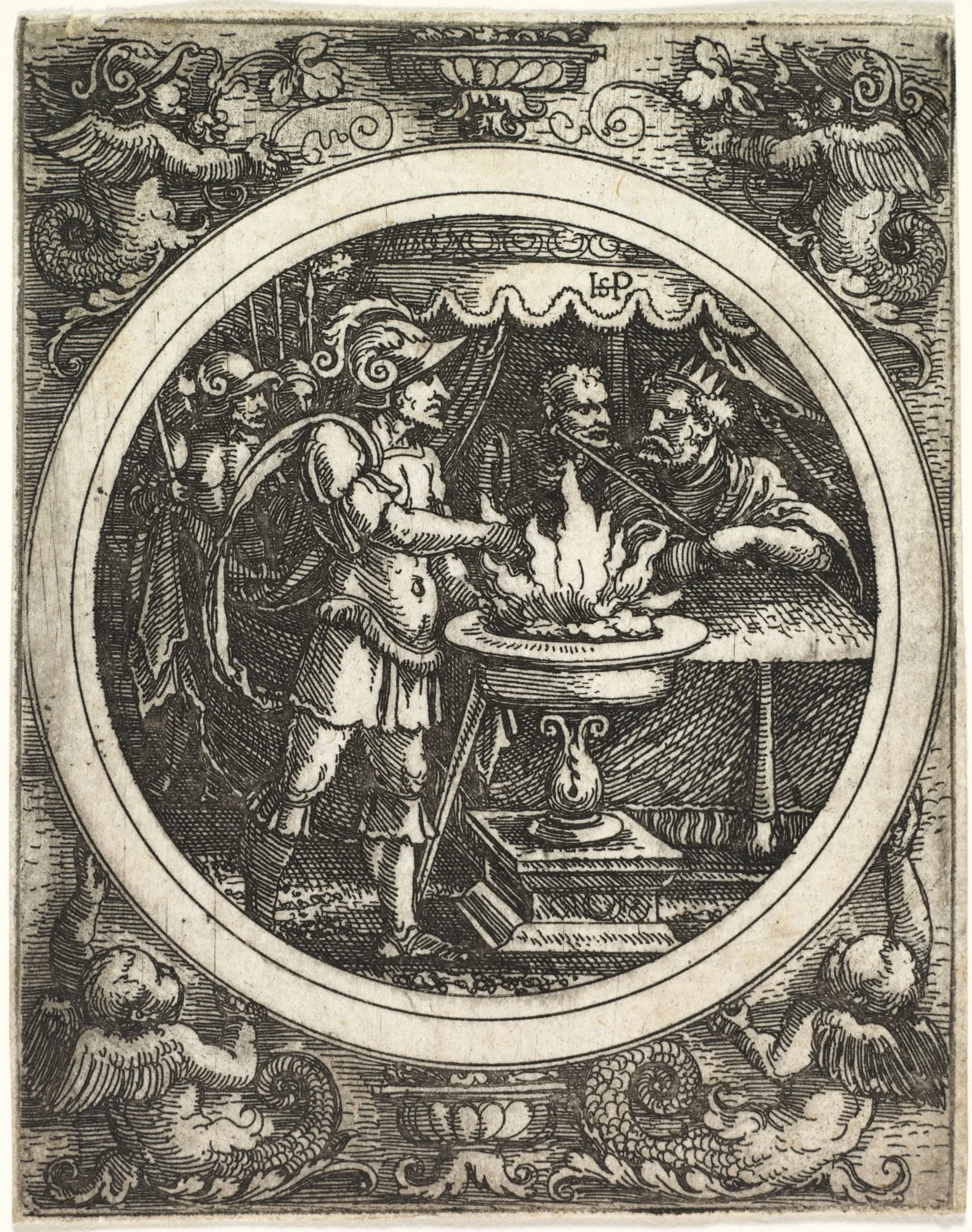 Mucius Scaevola Holding His Hand in the Fire, by Sebald Beham, 1520