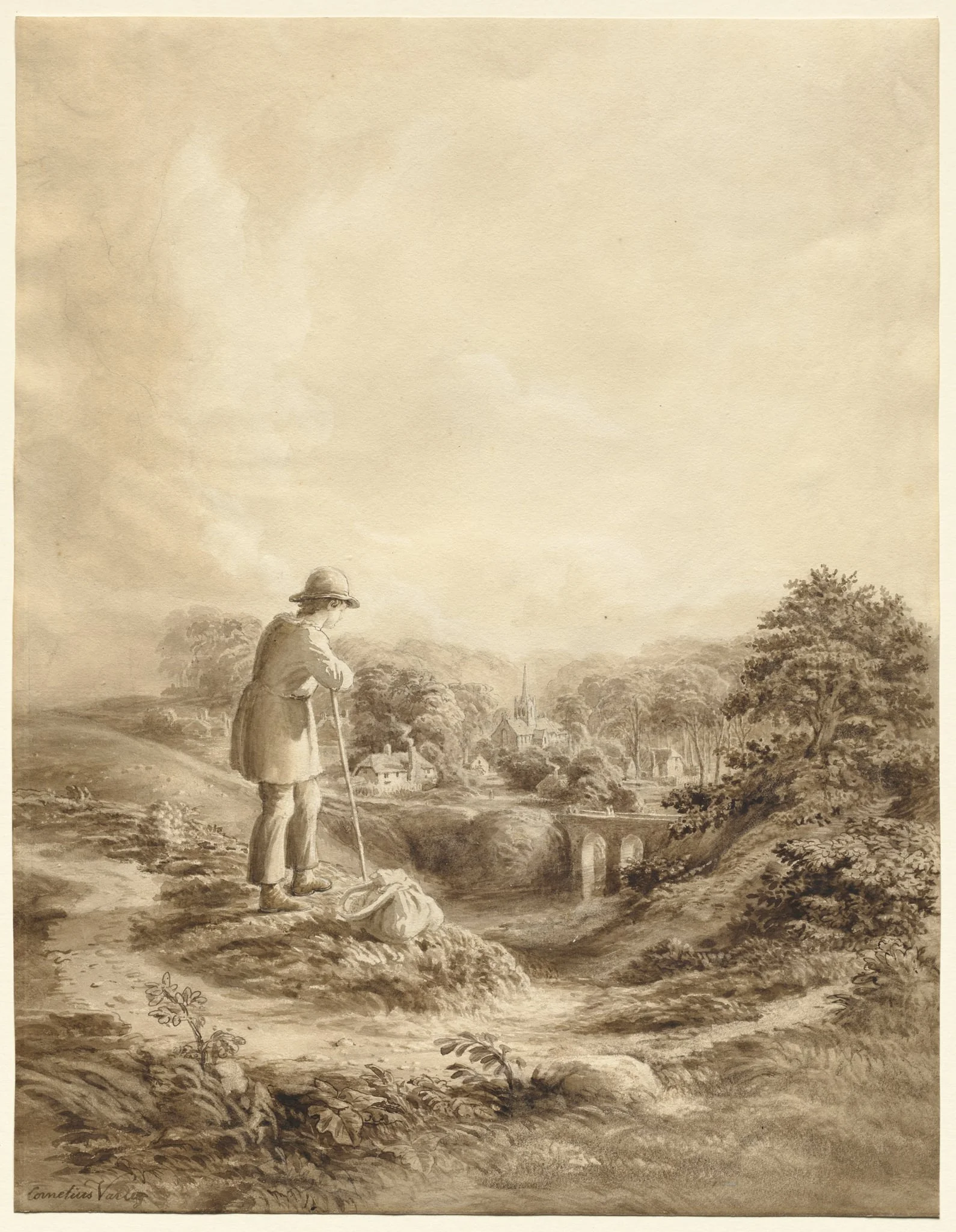 Landscape with Figure in Foreground, by Cornelius Varley, 1840
