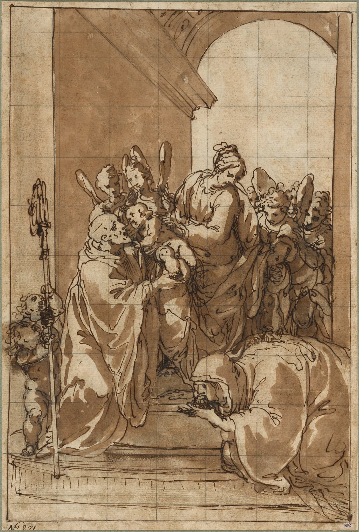 Madonna and Child with Angels, Saint Benedict, and Saint Scholastica, by Giulio Benso, graphite, 1629