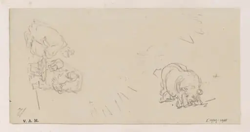 Figures at a stove, and a pig