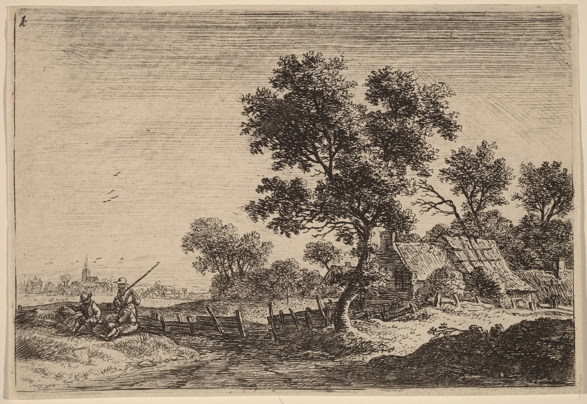 Three Peasants on a Knoll outside a Hamlet, by Antonie Waterloo, ink, 1650