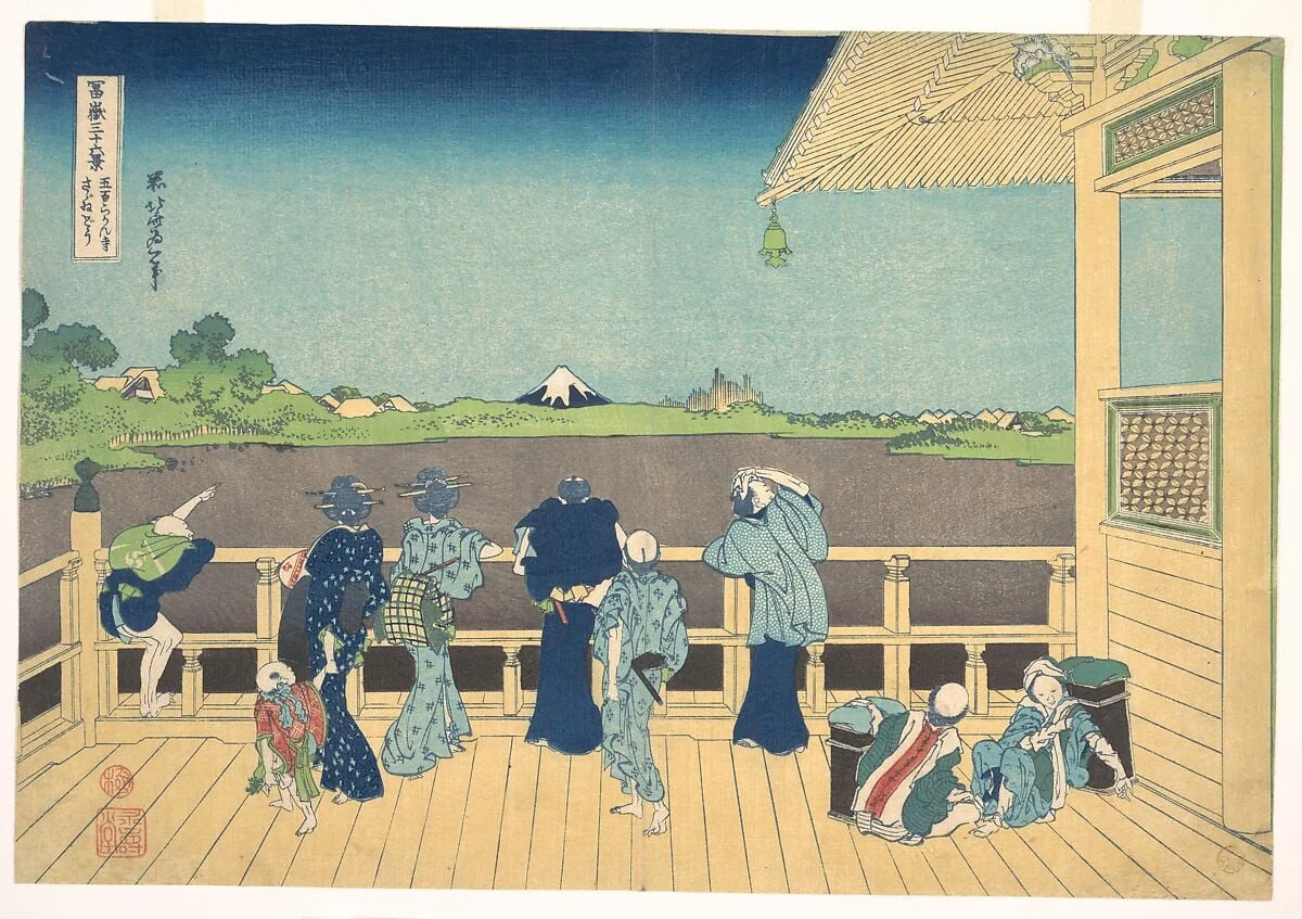 冨嶽三十六景　五百らかん寺さざゐどう|Sazai Hall at the Temple of the Five Hundred Arhats (Gohyaku Rakanji Sazaidō), from the series Thirty-six Views of Mount Fuji (Fugaku sanjūrokkei), by Katsushika Hokusai, ink, 1831