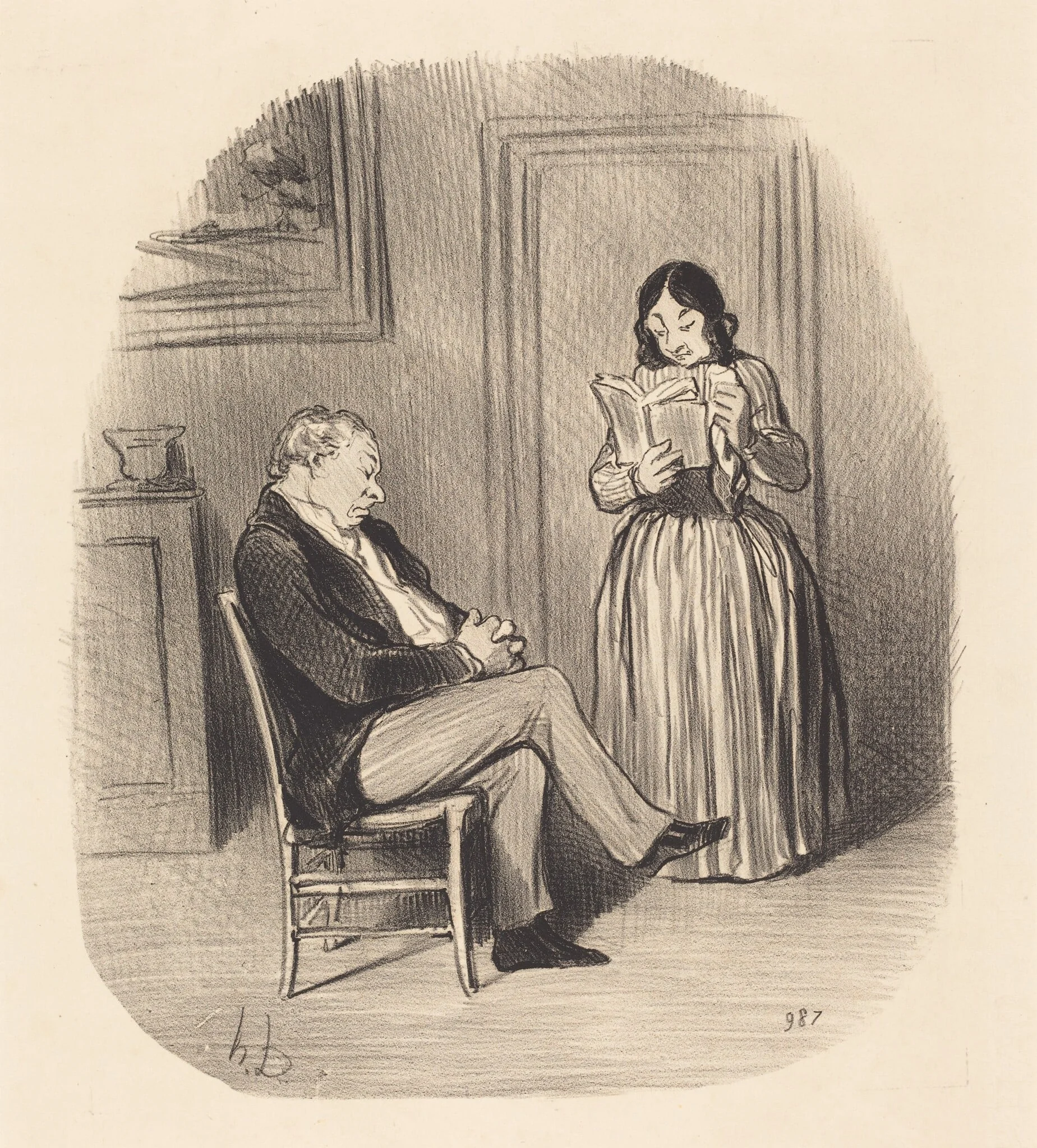 Bourgeois se fesant lire, après diner, quelques chapitres..., by Honoré Daumier, ink, 1847