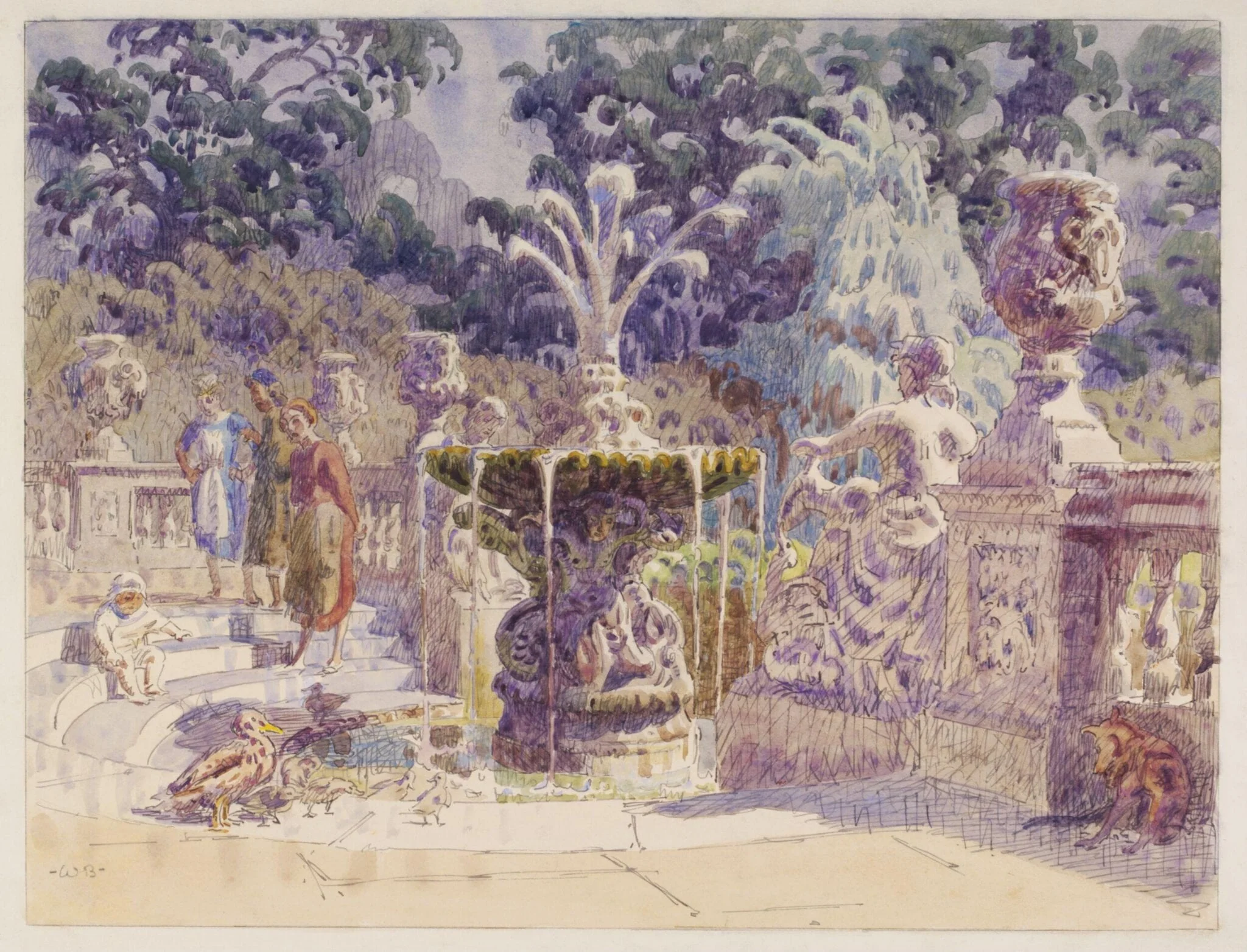 Fountain in Kensington Gardens, by Bayes, watercolor, 1940