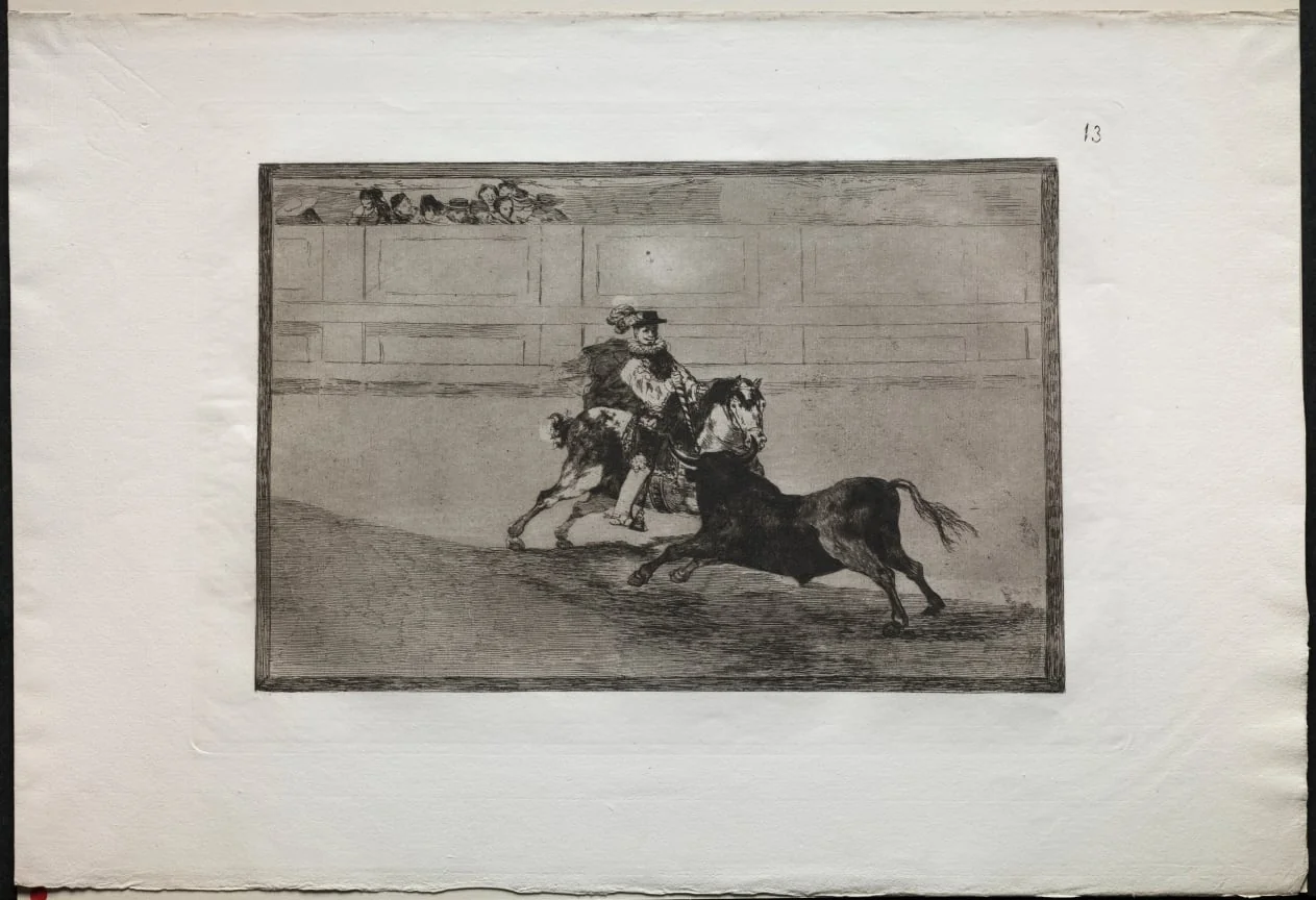 Bullfights:  A Spanish Mounted Knight in the Ring Breaking Short Spears Without the Help of Assistants, by Francisco Goya, 1816