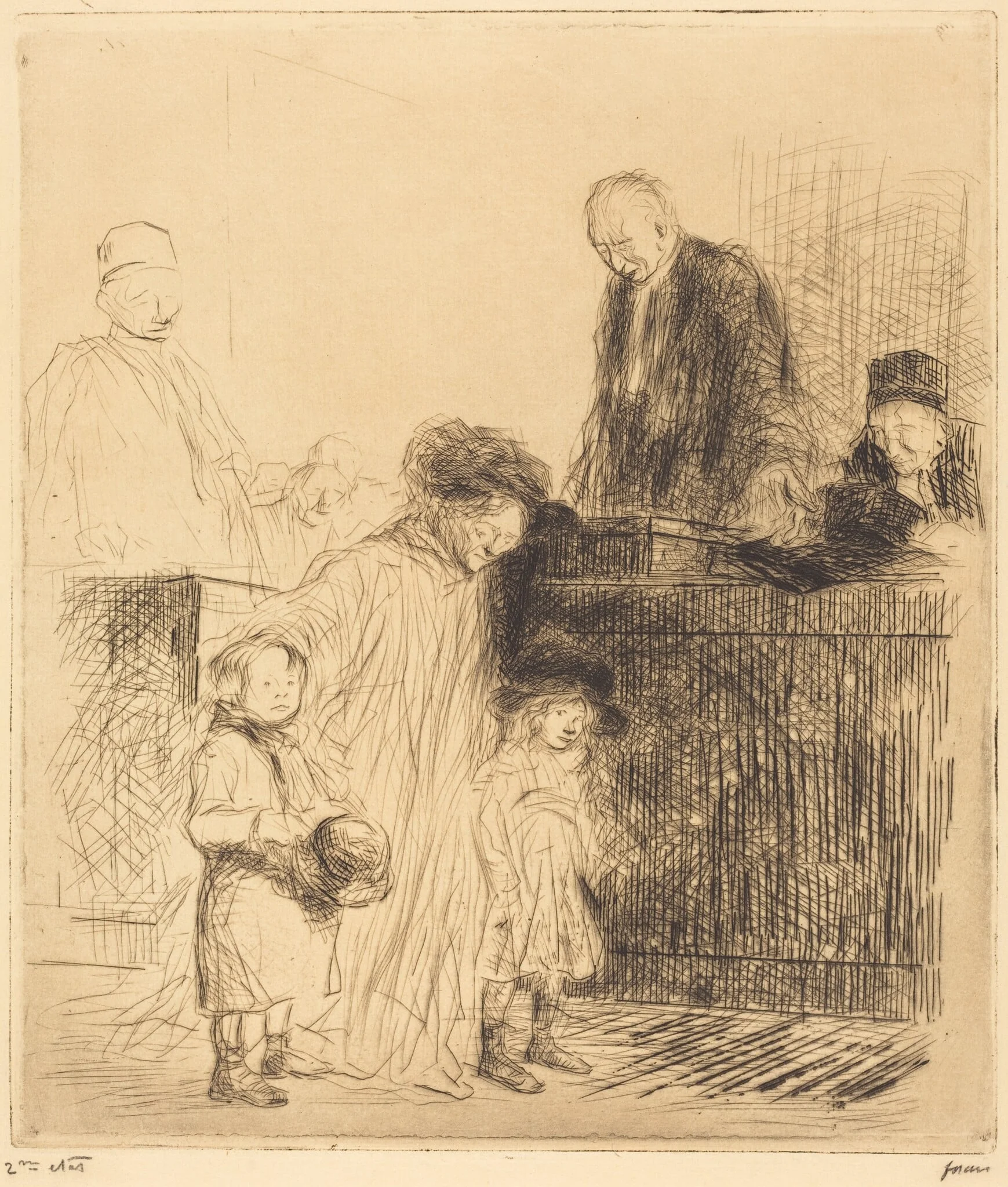 La sortie de l'audience (1ère planche) (Coming Out of the Hearing) (first plate), by Jean-Louis Forain, ink, 1909