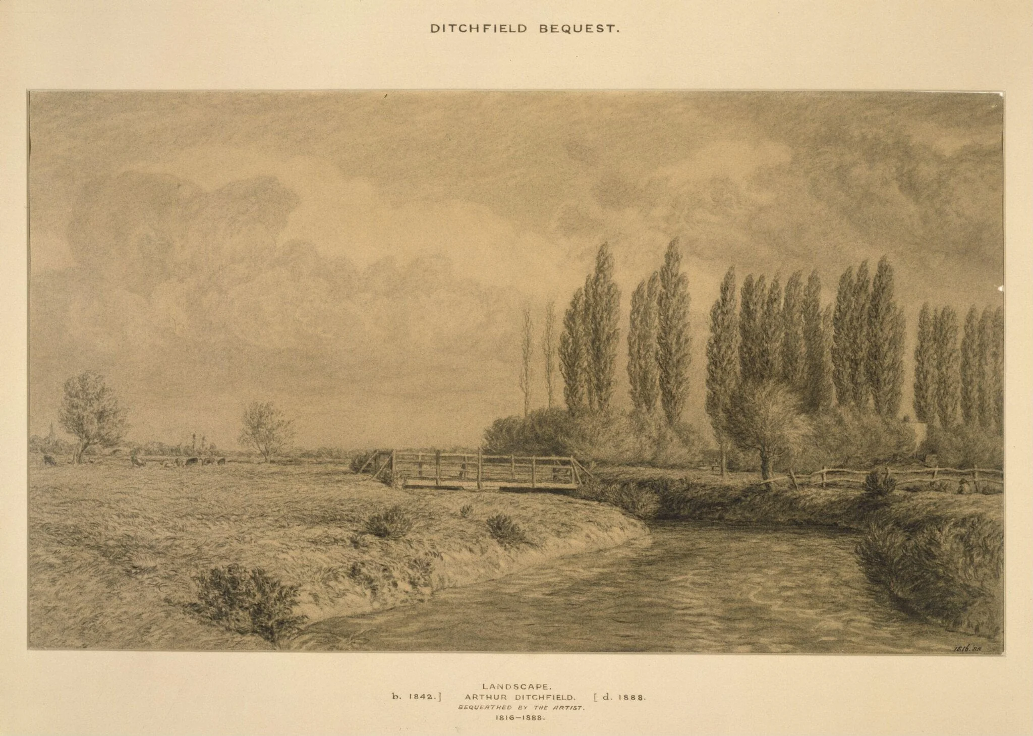 Landscape with bridge over a river, by Arthur Ditchfield, 1876