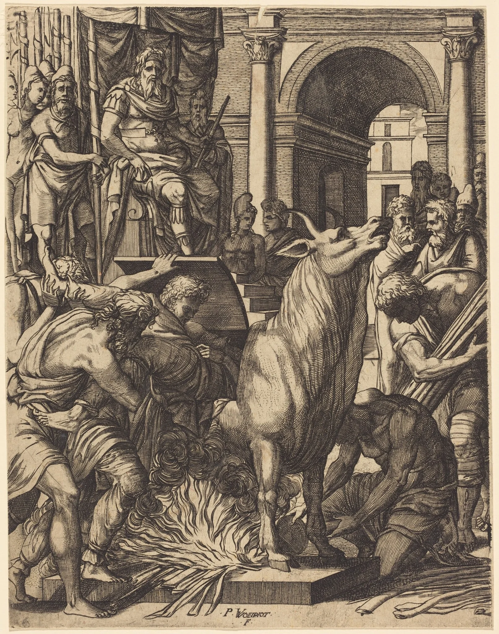 The Brazen Bull of Phalarus, by Pierre II Woeiriot de Bouzey, ink, 1566