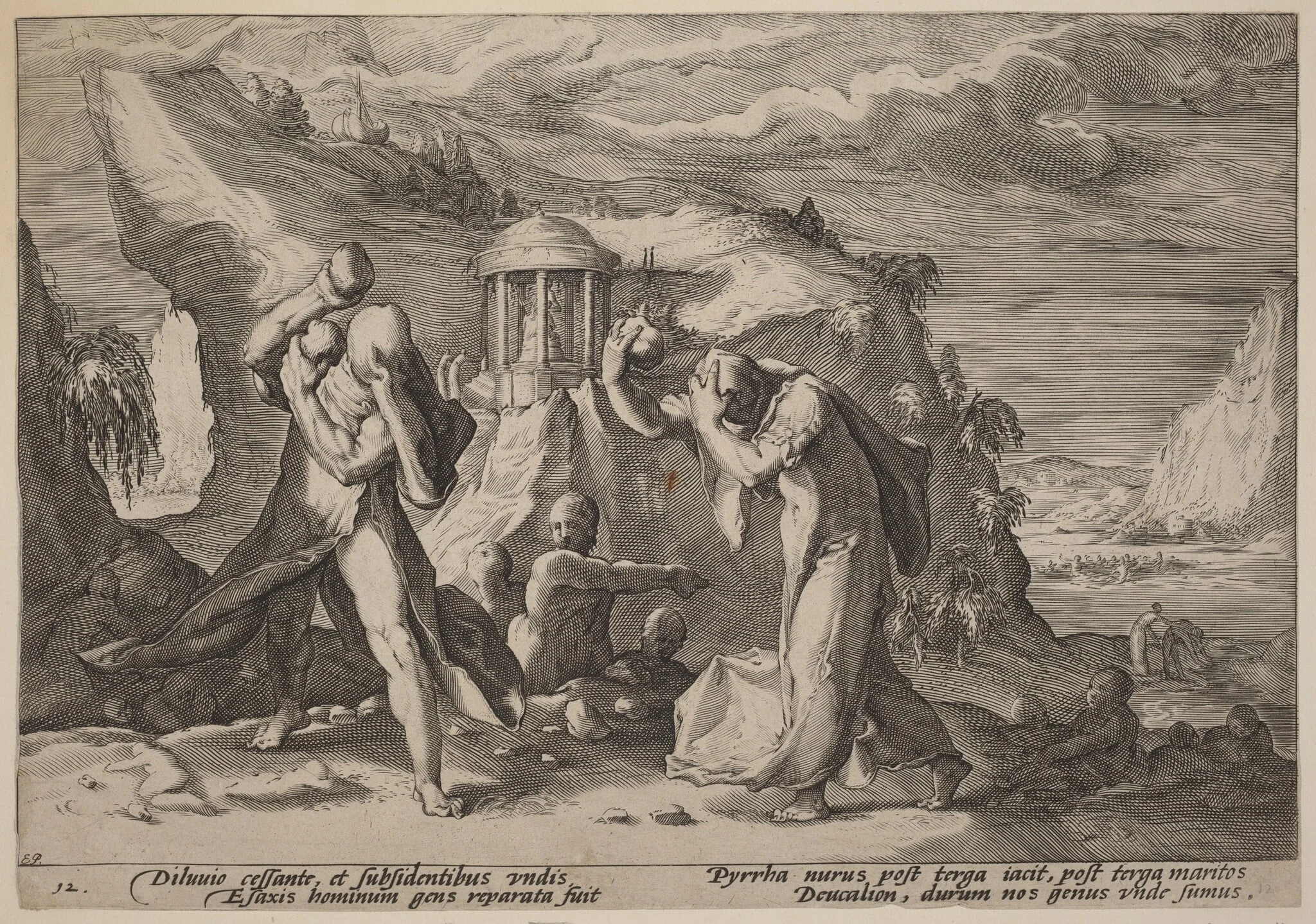Deucalion and Pyrra Repeopling the Earth, by Hendrik Goltzius, ink, 1589