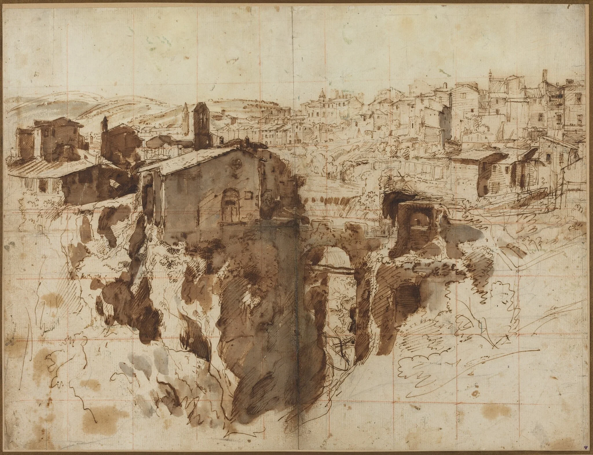 The Waterfall and Town of Tivoli, by Gaspar van Wittel, ink, 1694