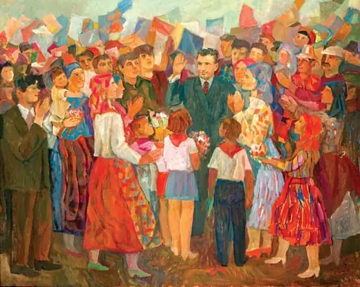 Tablou, ulei pe pânză, „Moment de sărbătoare bihoreană”, semnat în partea dreaptă jos T. Goga. Nicolae Ceaușescu este prezentat în mijolocul oamenilor muncii, bărbați si femei îl înconjoară, pionierii îi oferă flori în semn de bun venit. Oferit de Comitetul Județean de Partid Bihor, 22 ianuarie 1978.