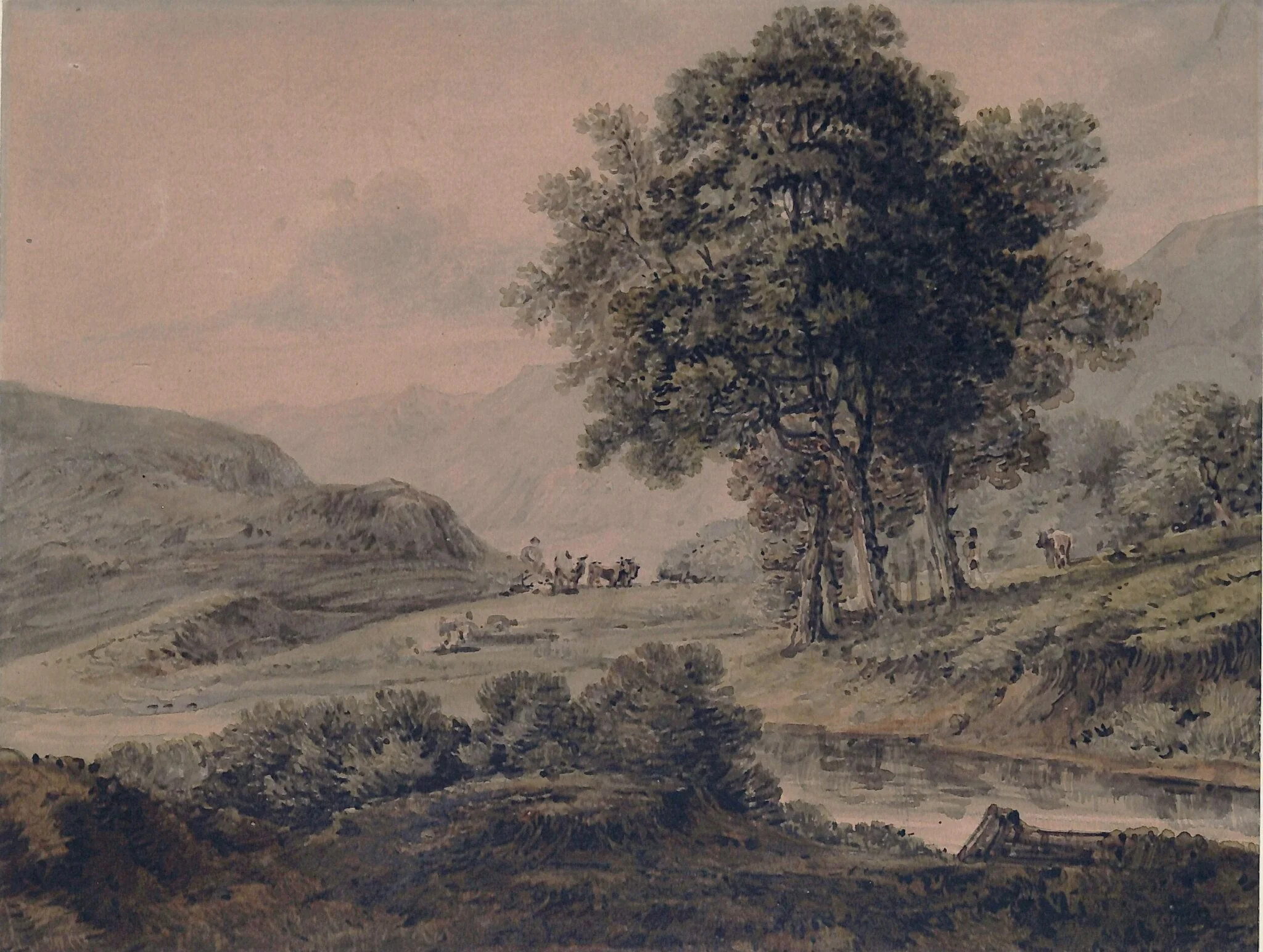 Landscape with stream, cattle and figures