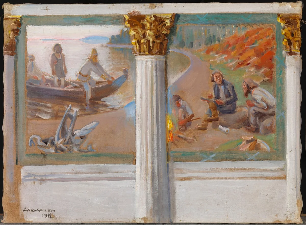 Lönnrot ja runonlaulajat, luonnos Helsingin yliopiston juhlasalin seinämaalaukseksi, by Akseli Gallen-Kallela, unspecified, 1895