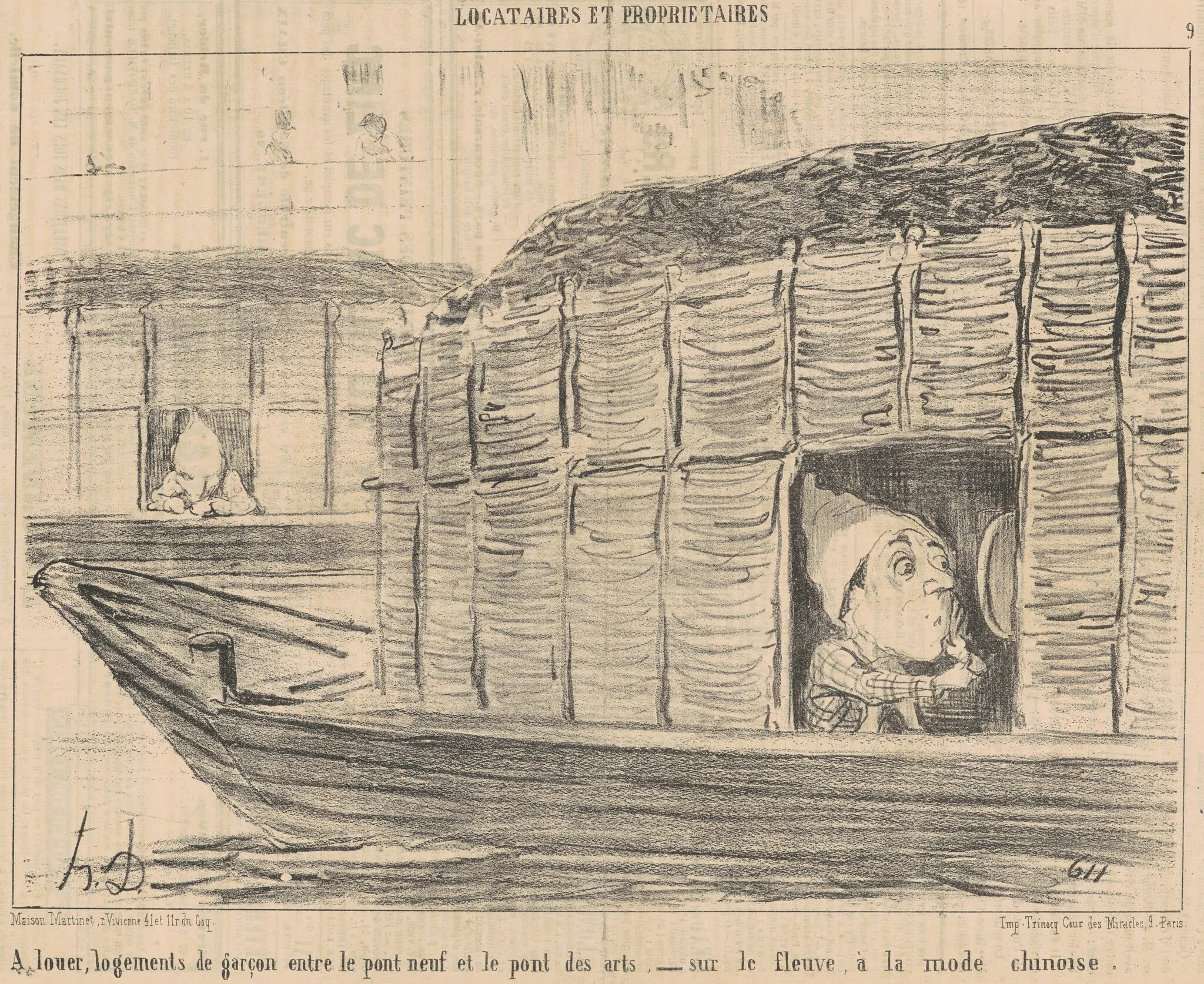 A louer, logements de garçon entre le ..., by Honoré Daumier, ink, 1854