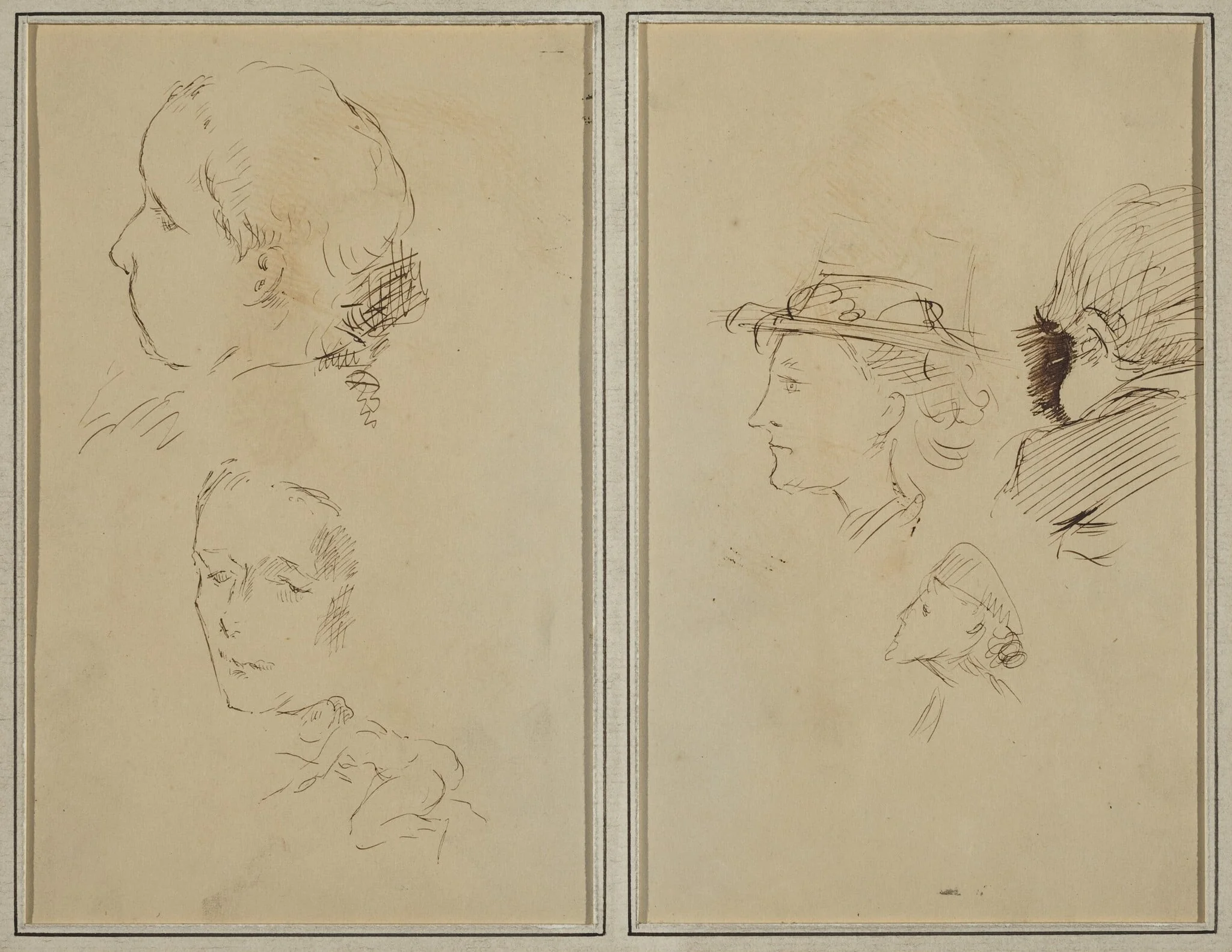 Two Head Studies and a Crouching Nude Woman; Two Women's Heads and a Head of Child [recto]
