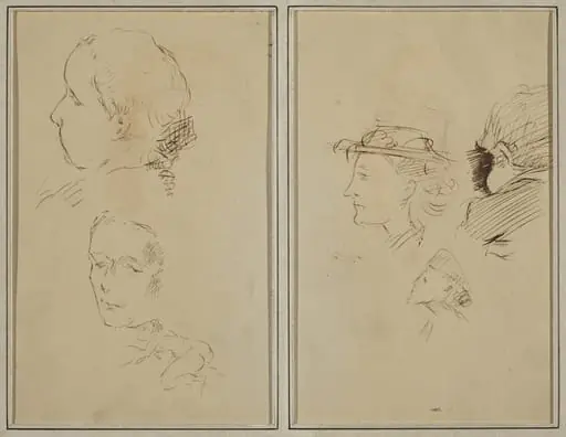 Two Head Studies and a Crouching Nude Woman; Two Women's Heads and a Head of Child [recto]