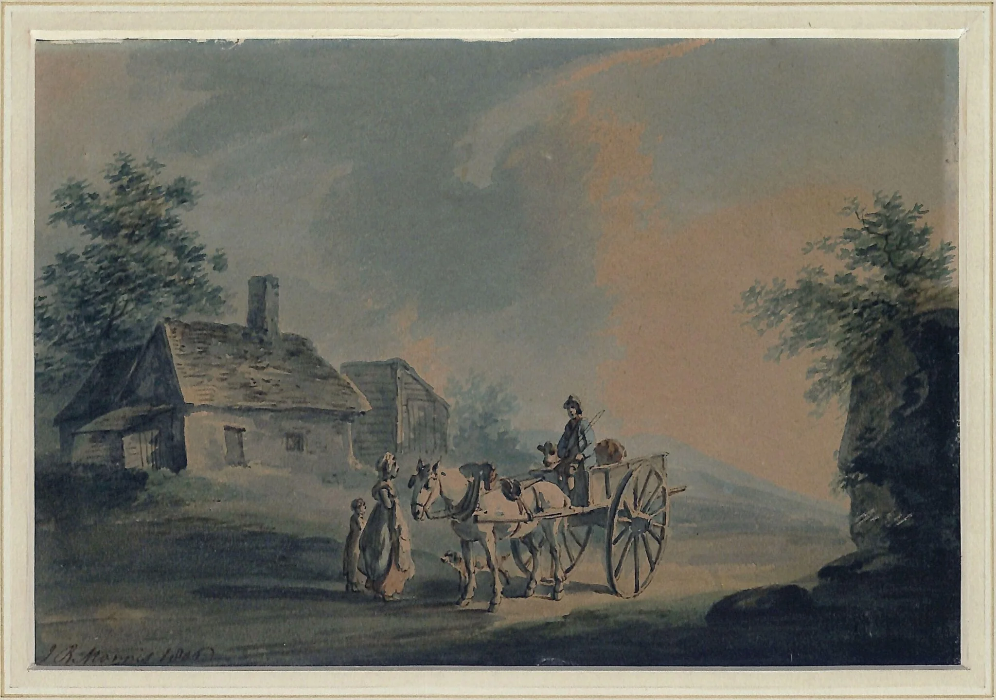 Cottage with cart and figures