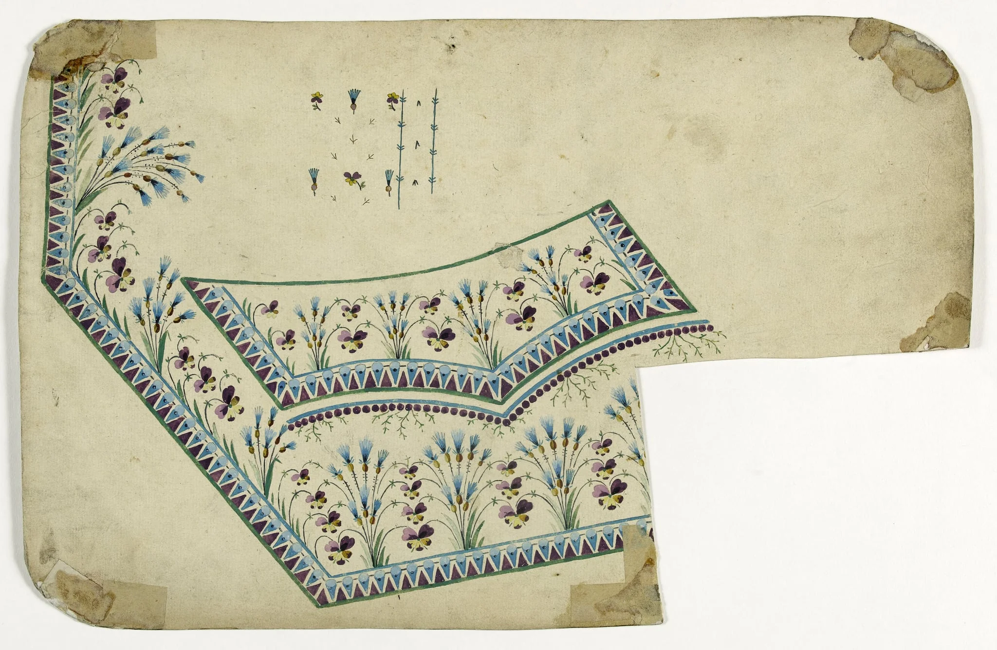 Gilet aux fleurs bleues et mauves, projets de broderies de gilet, XVIIIème siècle, by Anonyme, 1750