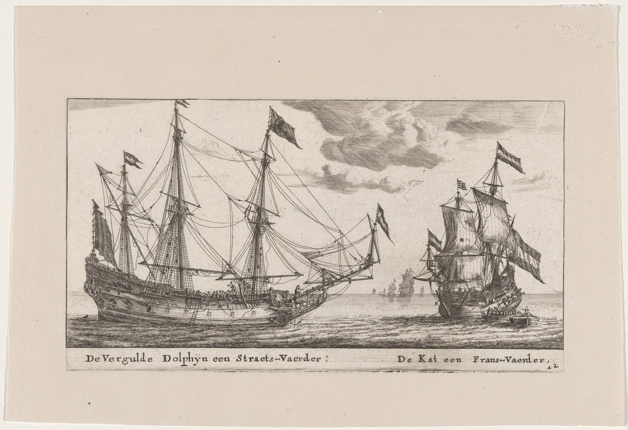 The "Vergulde Dolphyn," a Large Merchant Vessel, and the "Kat," a Flute, by Nooms, called Zeeman, Reinier, ink, 1653