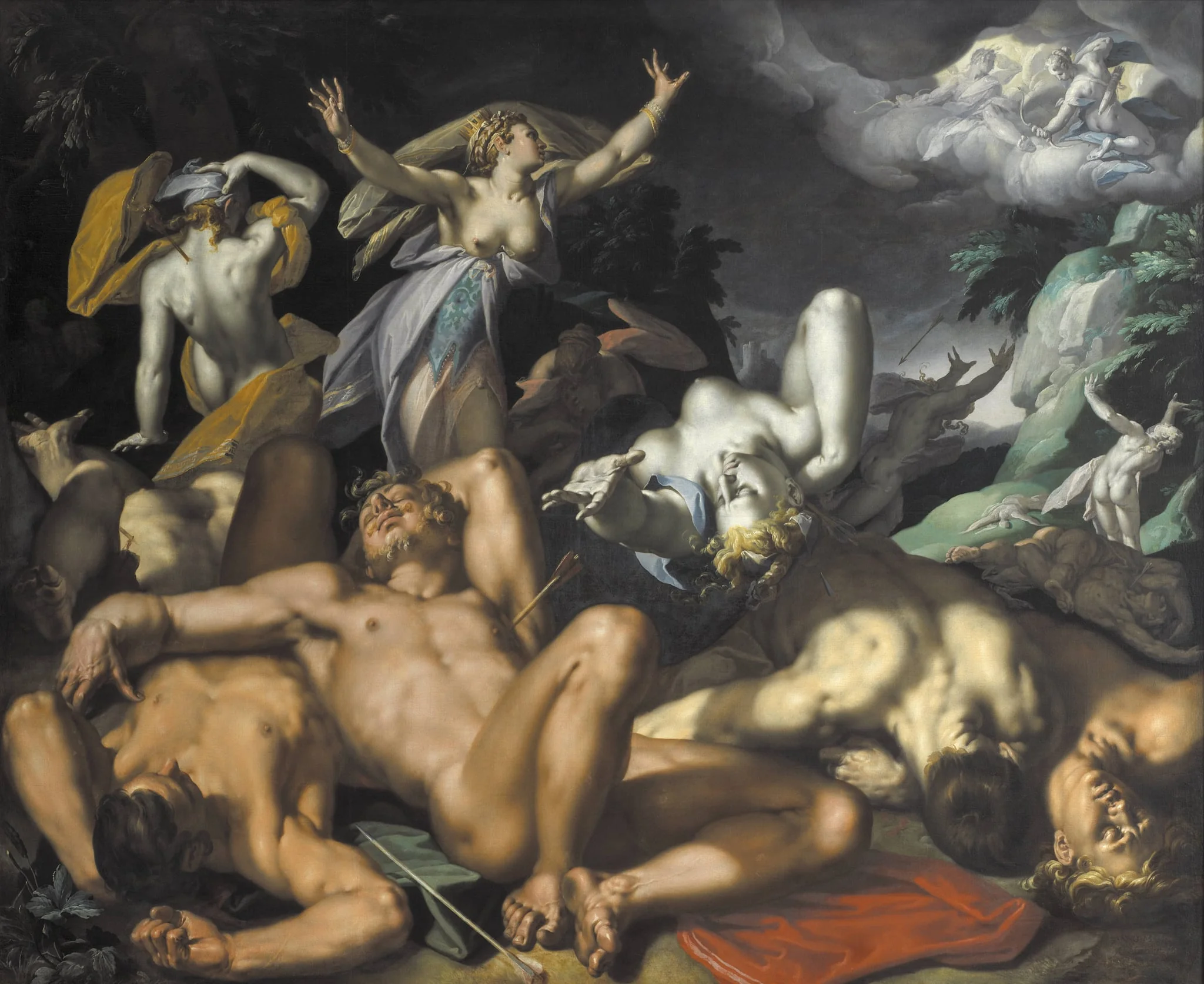 Apollo and Diana Punishing Niobe by Killing her Children, by Unknown, 1591