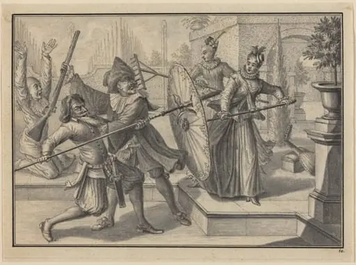 Pantaloon and the Doctor Fighting with Columbine and Brigatella in the Garden