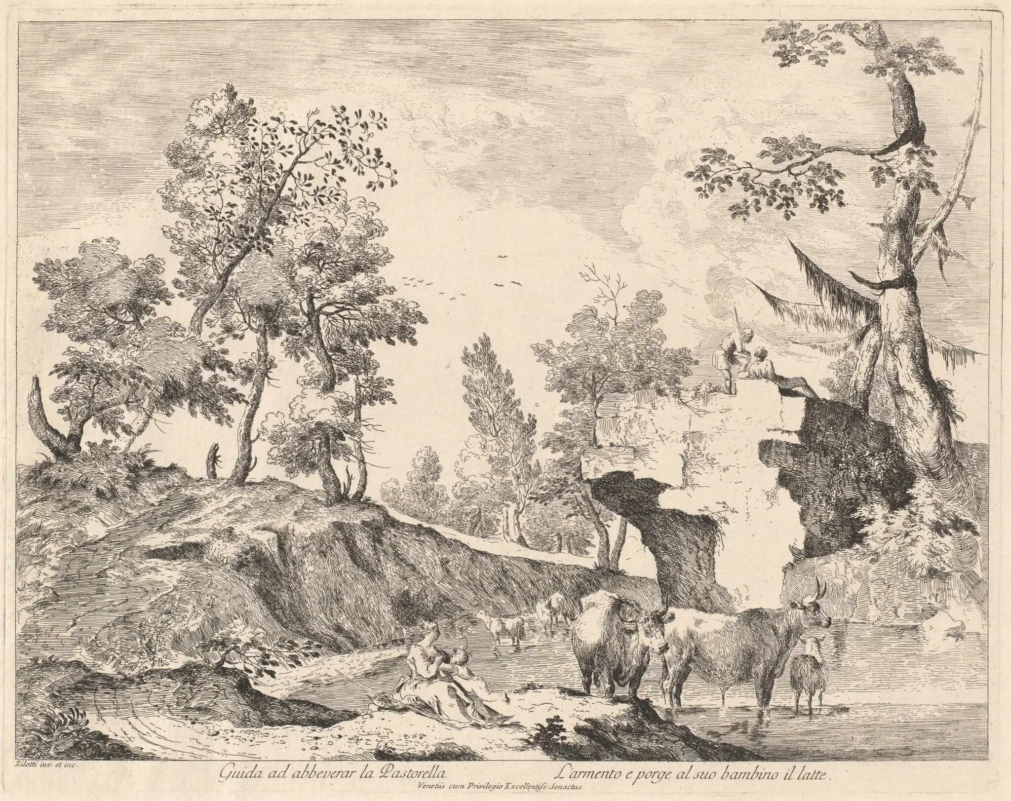 Landscape with Shepherdess and Herd at a Watering Hole, by Domenico Bernardo Zilotti, ink, 1764