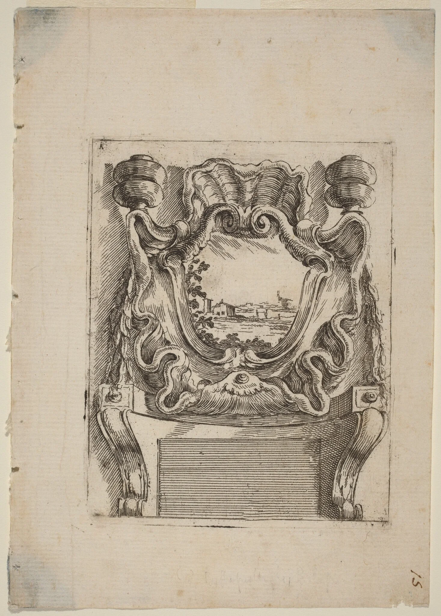 Architectural Motif with a Landscape, by Carlo Antonio Buffagnotti, ink, 1690