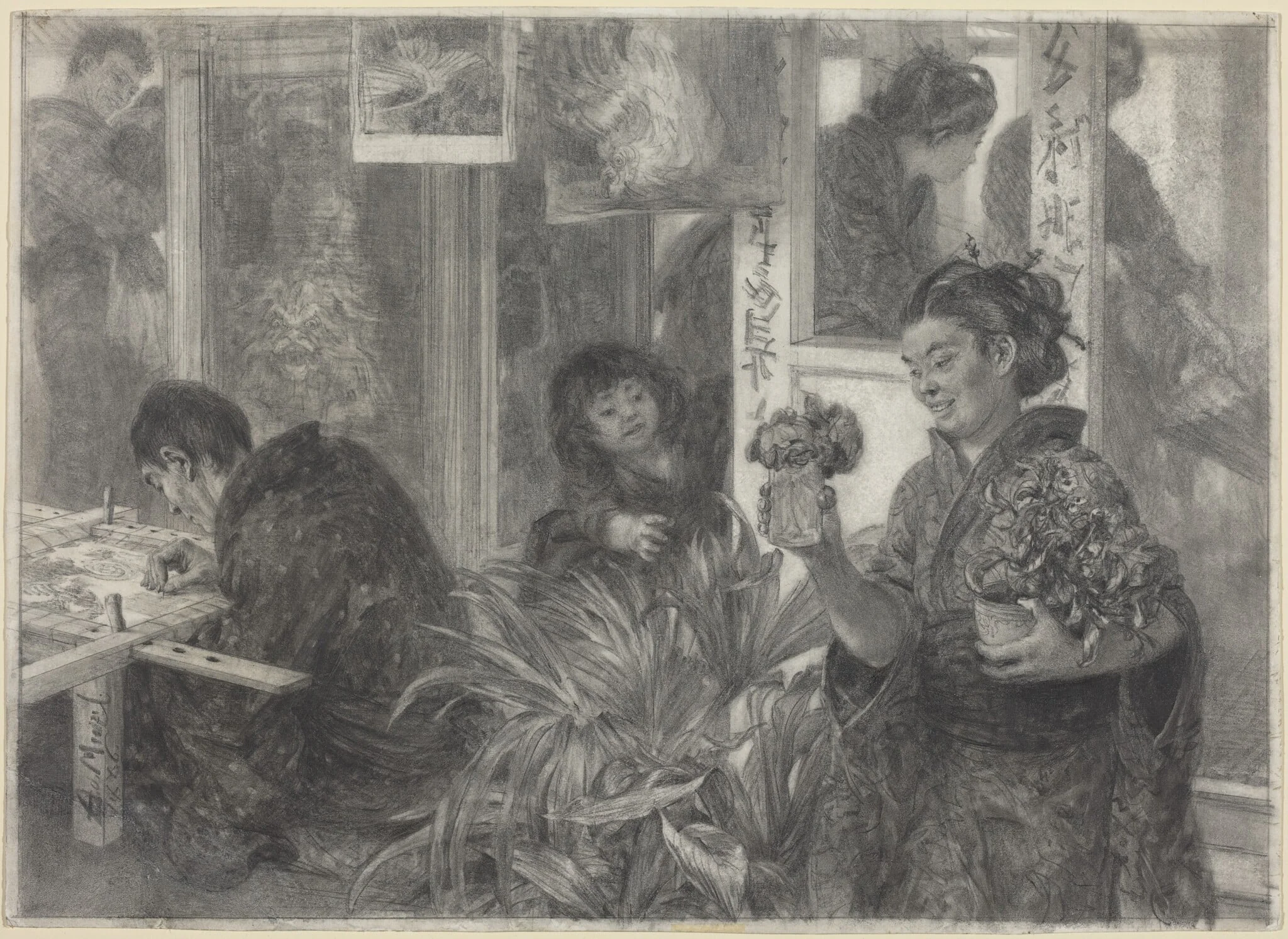 Japanese Artist at Work, by Adolph von Menzel, graphite, 1886