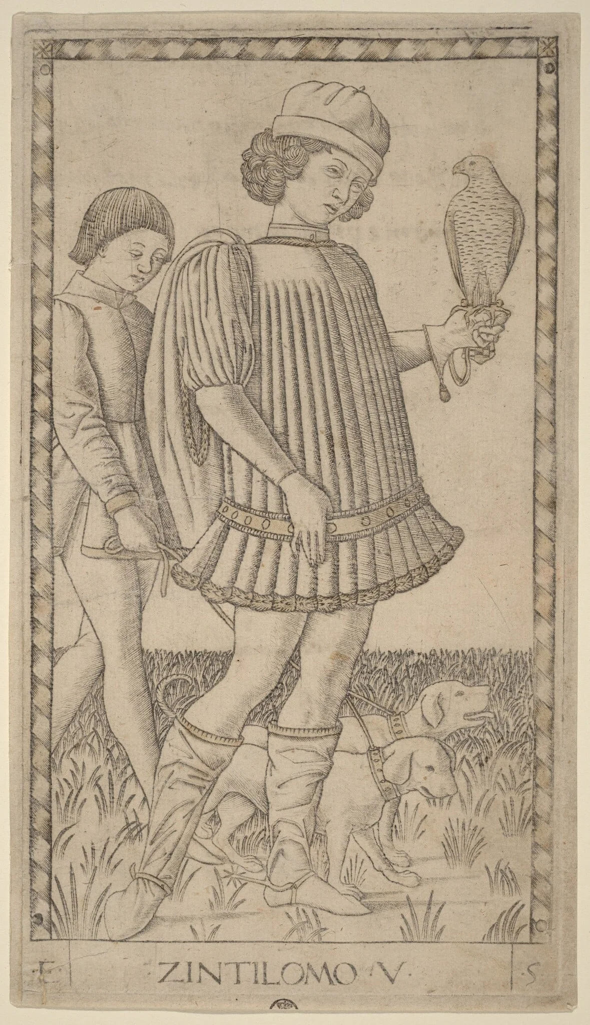 Zintilomo (Gentleman), by Master of the E-Series Tarocchi, ink, 1465