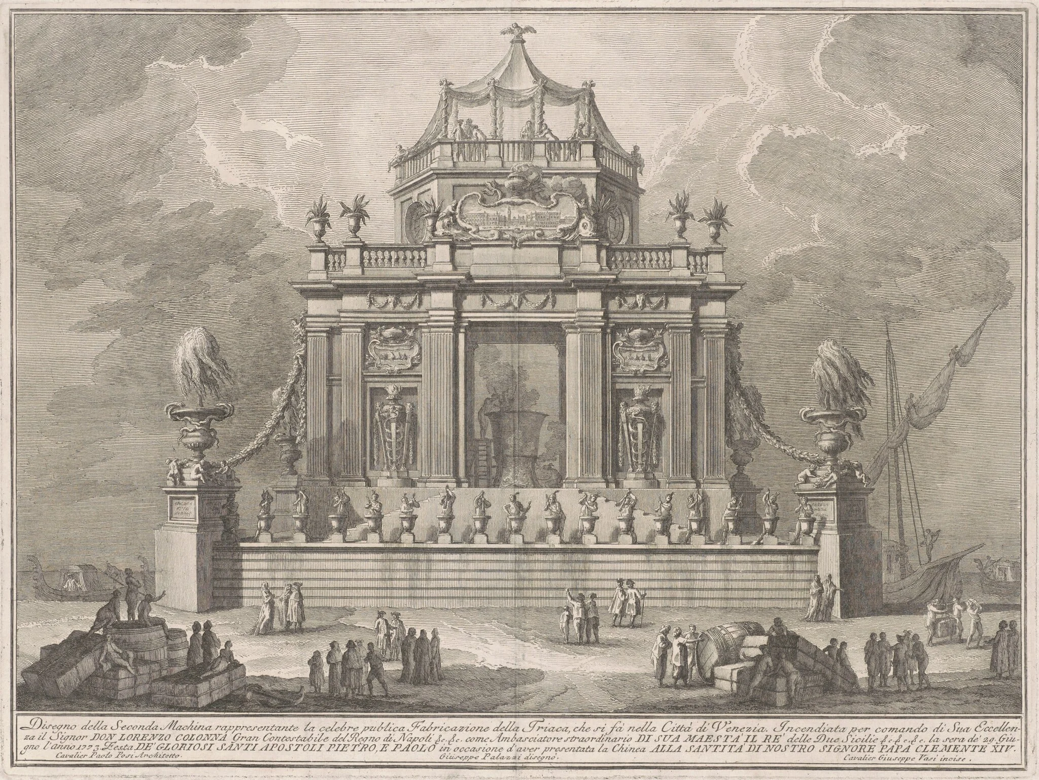 The Seconda Macchina for the Chinea of 1773: The Preparation of Theriac in Venice, by Giuseppe Vasi, ink, 1773