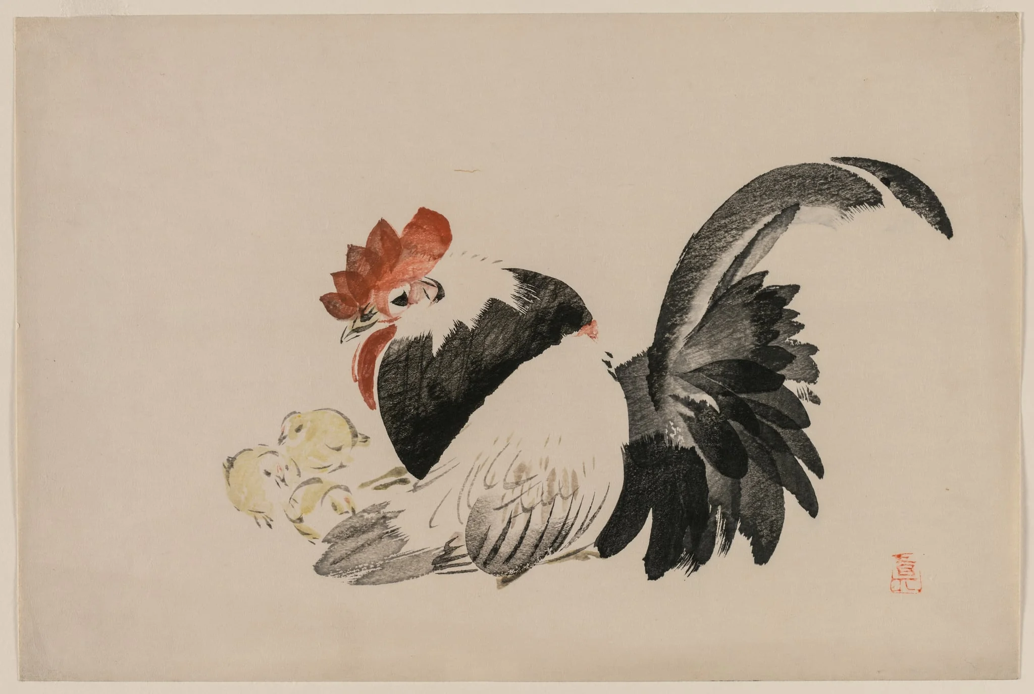Rooster, Hen, and Chicks, by Shibata Zeshin, 1884
