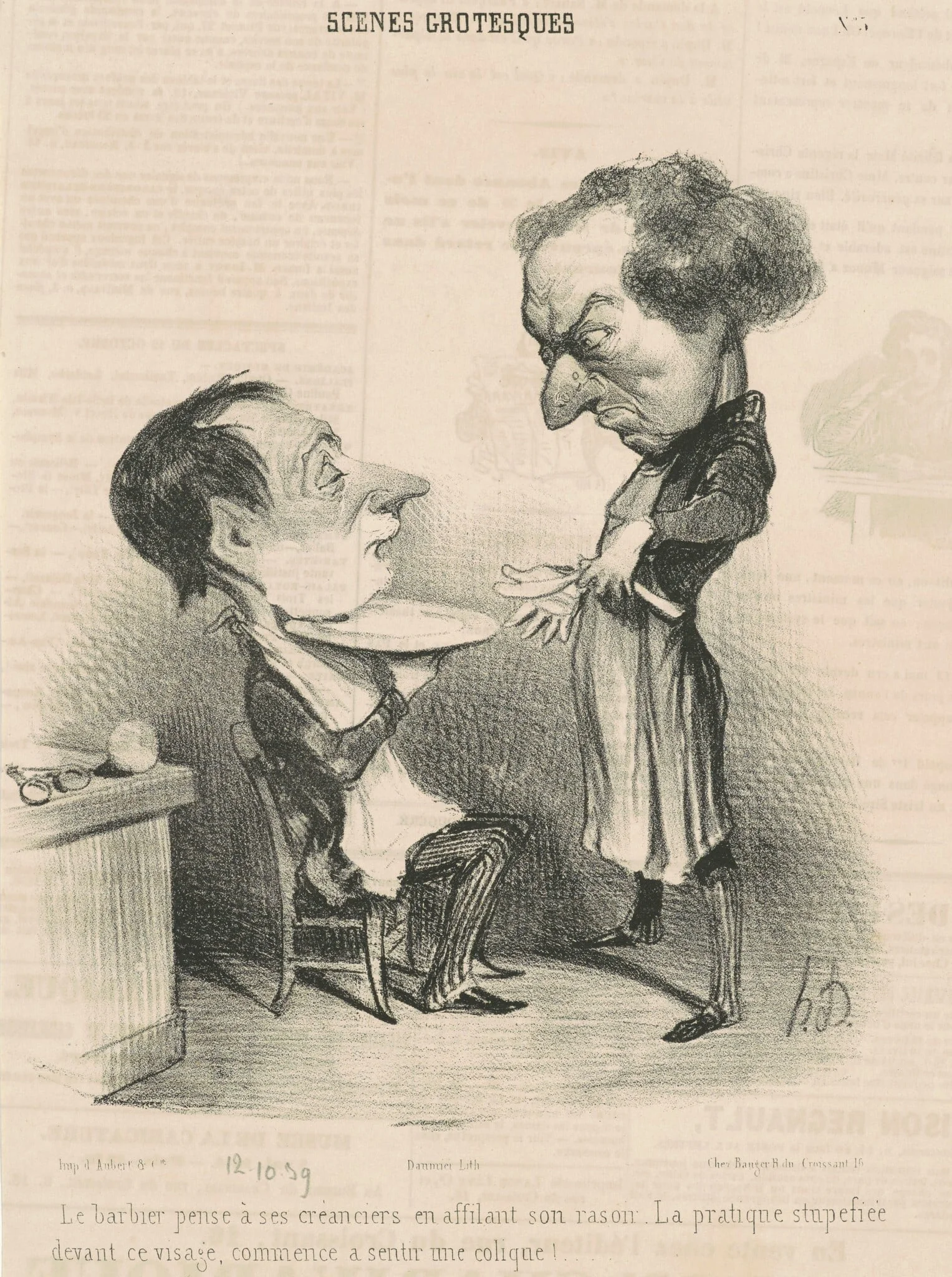 Le barbier pense a ses créanciers..., by Honoré Daumier, ink, 1839