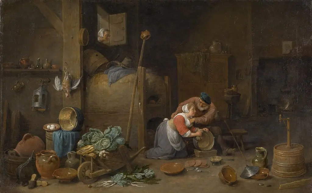 Interior with old man groping a kitchen maid