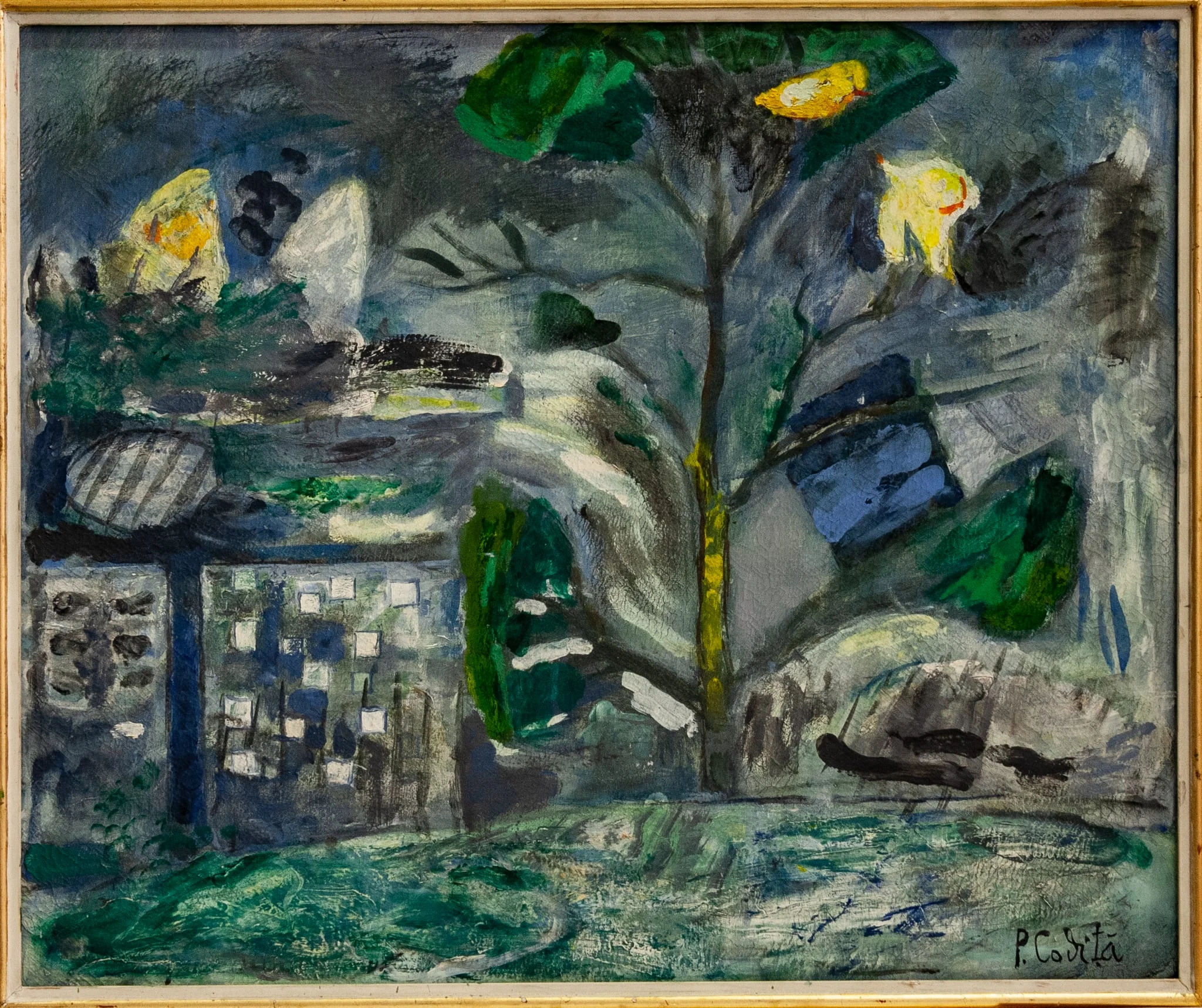 Peisaj cu pomi și pasăre roșie, by Pavel Codiță, unspecified