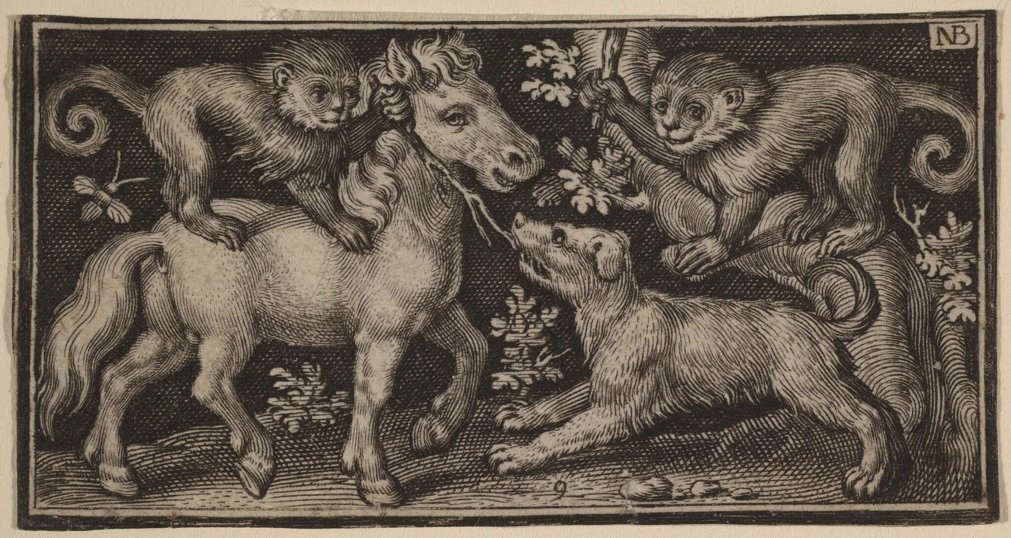 Horse with Two Monkeys and a Dog, by Nicolaes de Bruyn, ink, 1594