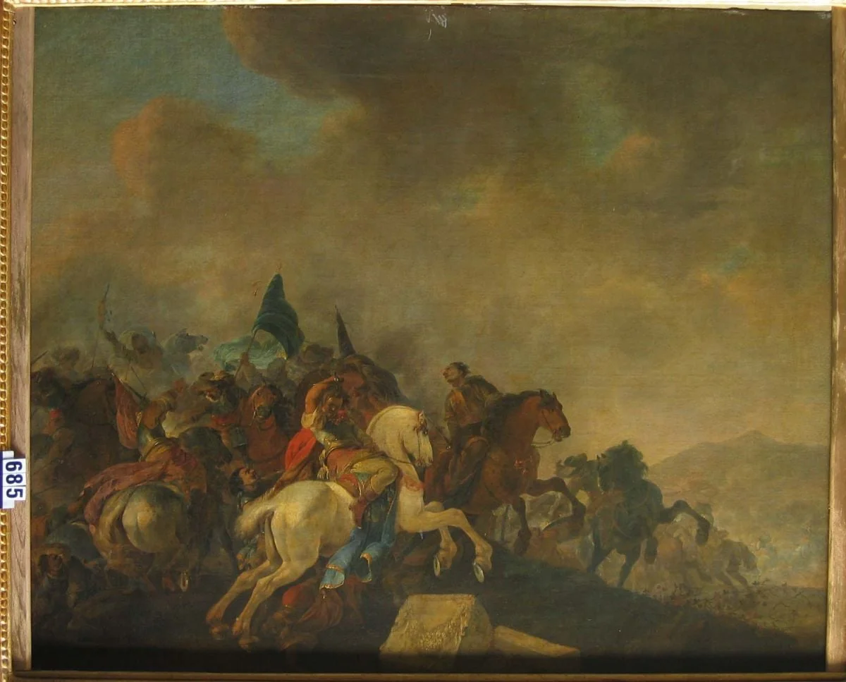 Luptă de cavalerie lângă pietre antice (în Reg. Inv.: Luptă de cavalerie între pietre antice) (pandant: Luptă lângă o cetate, în Reg. Inv: Atac dintr-o cetate)