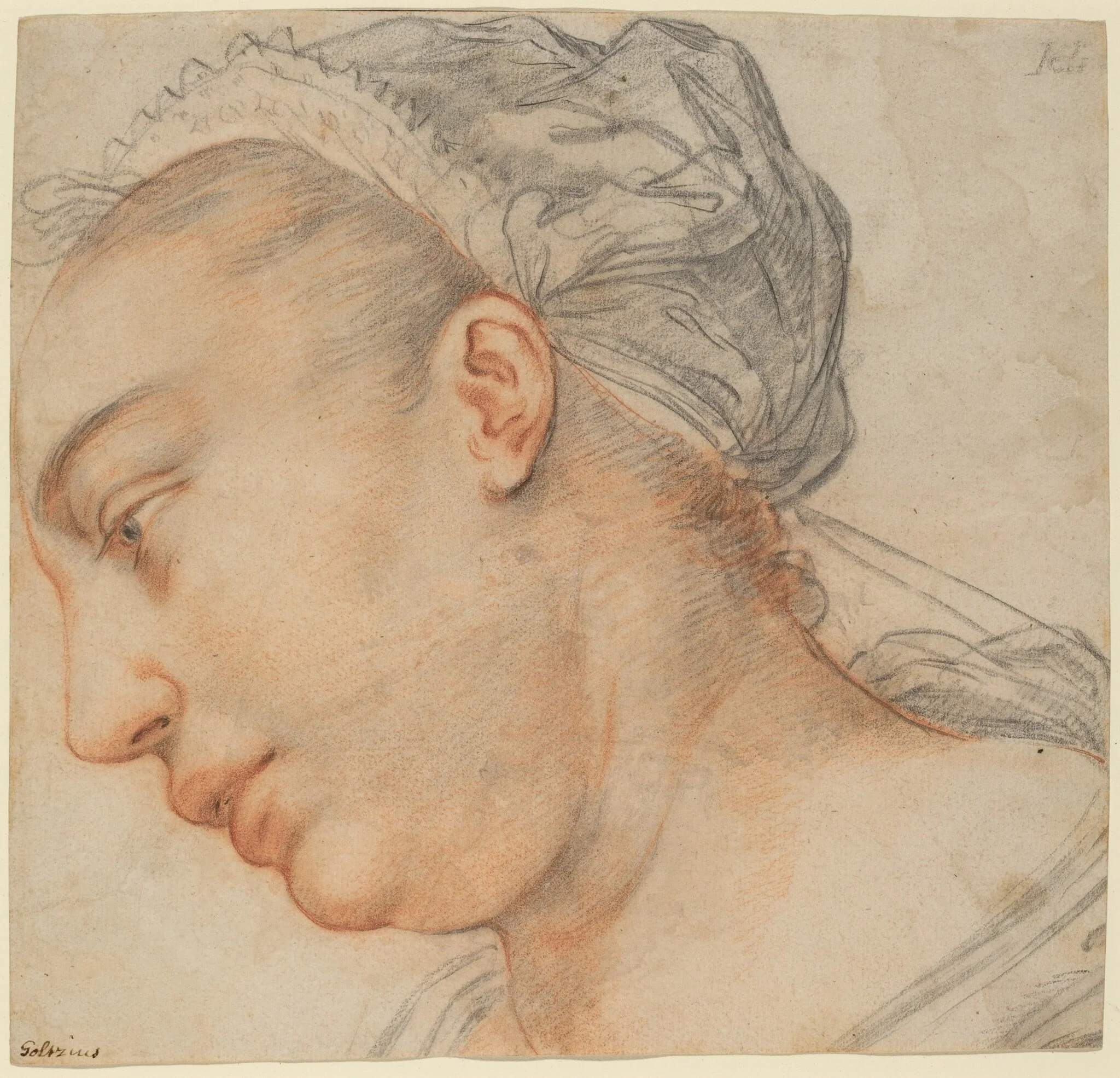 Head of a Young Woman, by Hendrik Goltzius, chalk, 1605