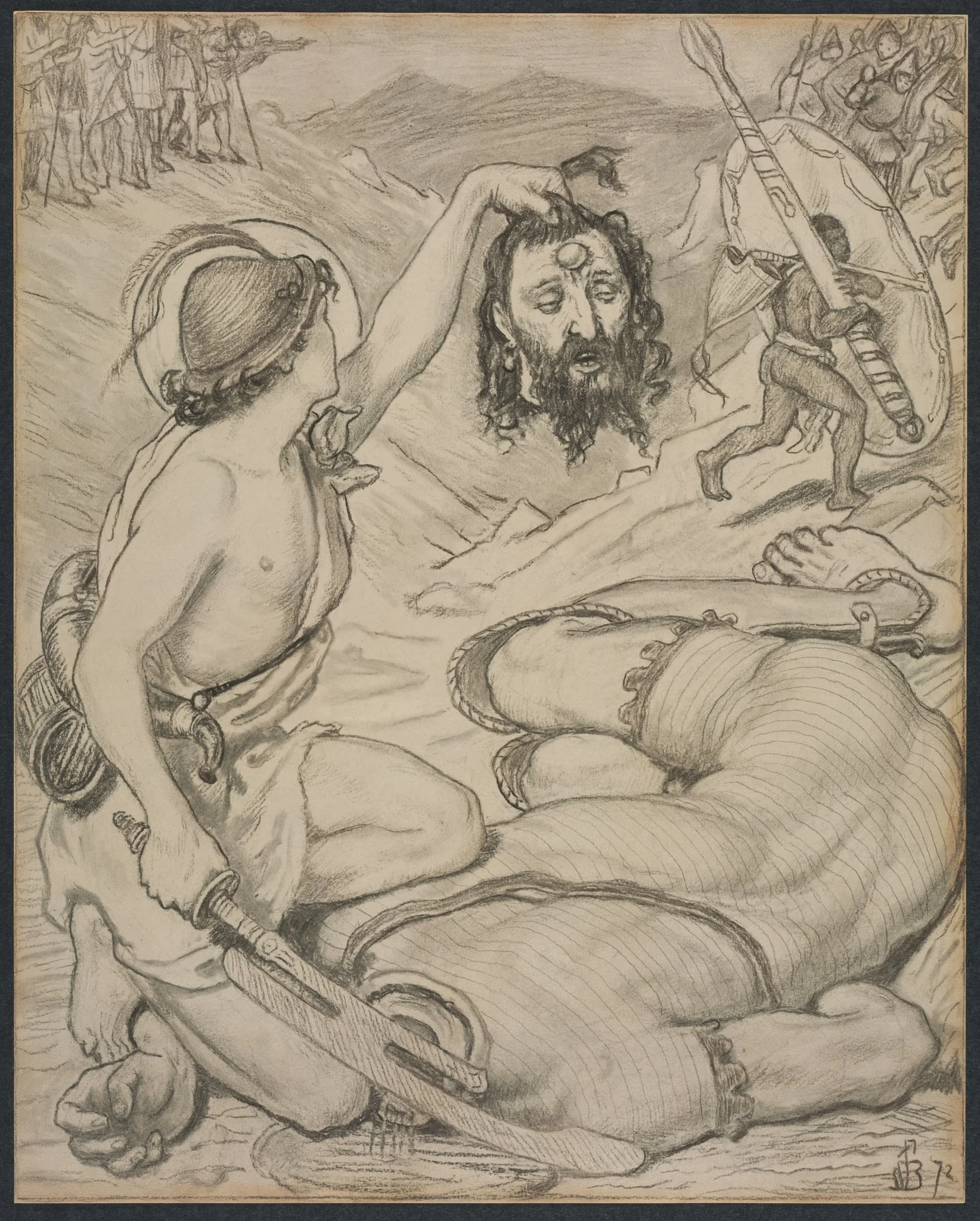David and Goliath, Cartoon for Stained Glass Window at Jesus College, Cambridge, by Ford Madox Brown, 1872