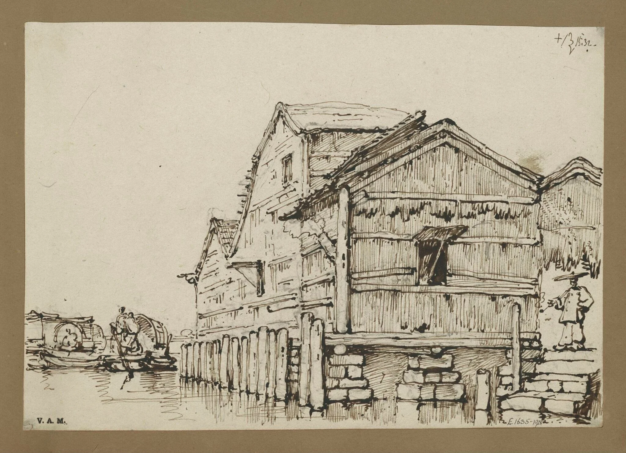 A waterside building, Macau, raised on stone blocks, by George Chinnery, 12