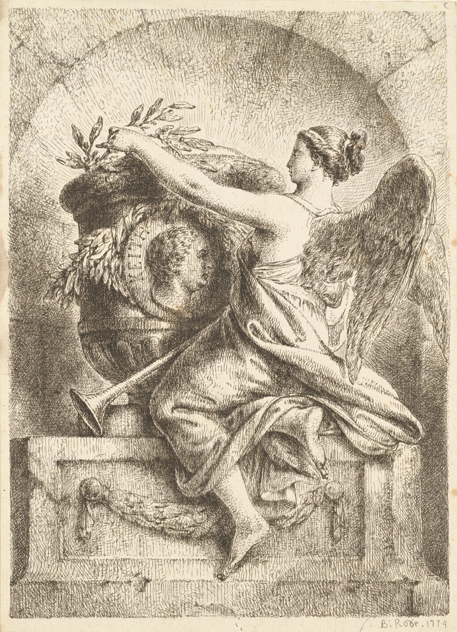 The Goddess of Fame Placing a Laurel Wreath on the Memorial to General Keith, by Bernhard Rode, ink, 1774