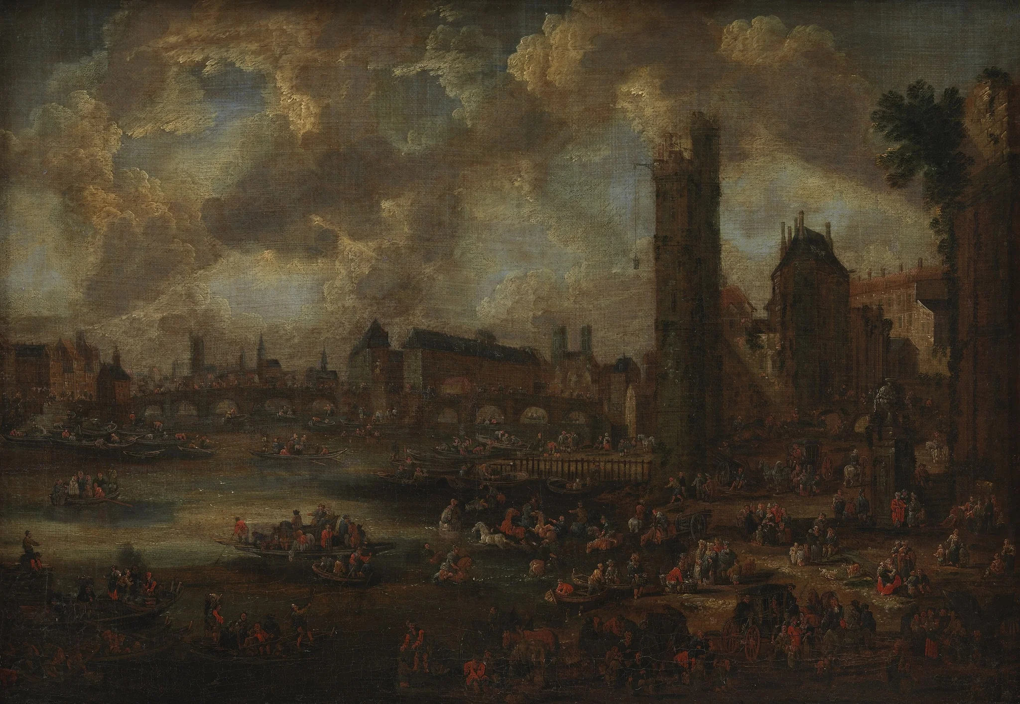 Prospekt af Paris ved Seinen med mange figurer, by Unknown, oil, 1860