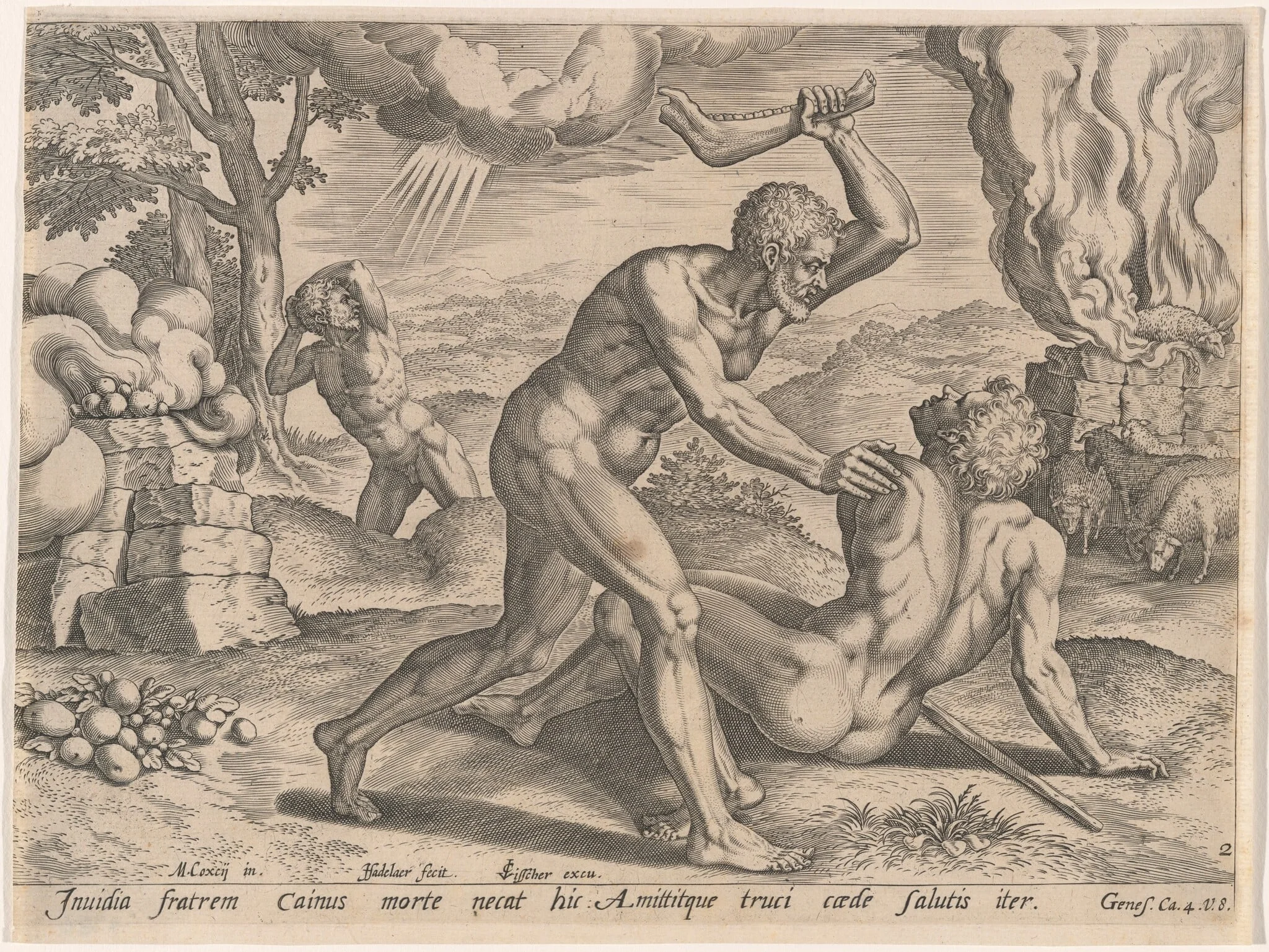 Cain Killing Abel, by Jan Sadeler I, ink, 1576