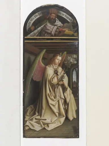 Copy of detail of the Ghent Altarpiece, Virgin Annunciate and Prophet, by Hubert and Jan van Eyck in the church of St Bavon, Ghent.