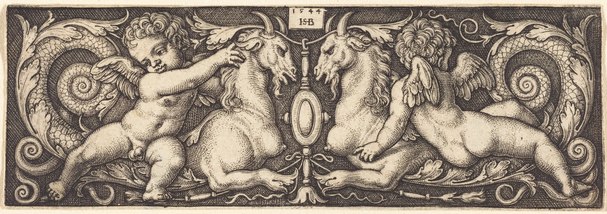 Ornament with Two Genii Riding on Two Chimeras, by Sebald Beham, ink, 1544